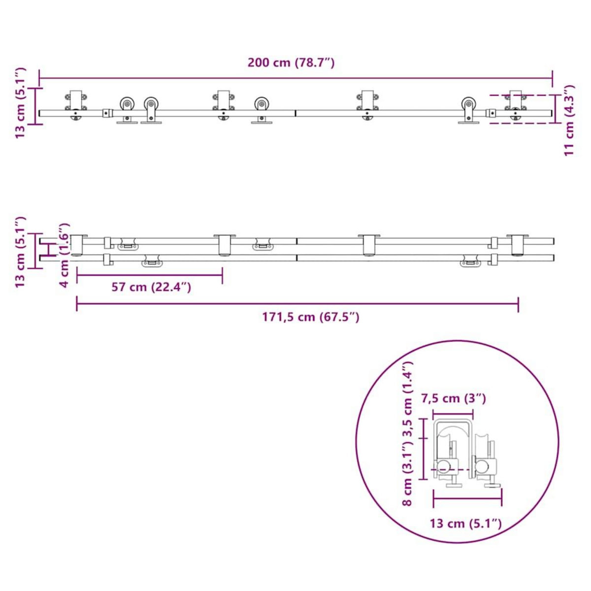 VIDAXL Kit fixation porte coulissante 200 cm Acier inoxydable Argente