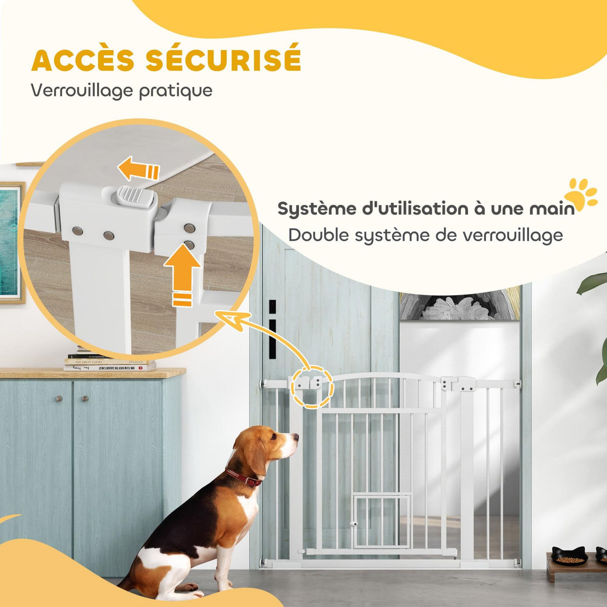 PAWHUT Barrière de sécurité pour chien - barrière à pression ajustable - 2 portes verrouillables - acier blanc