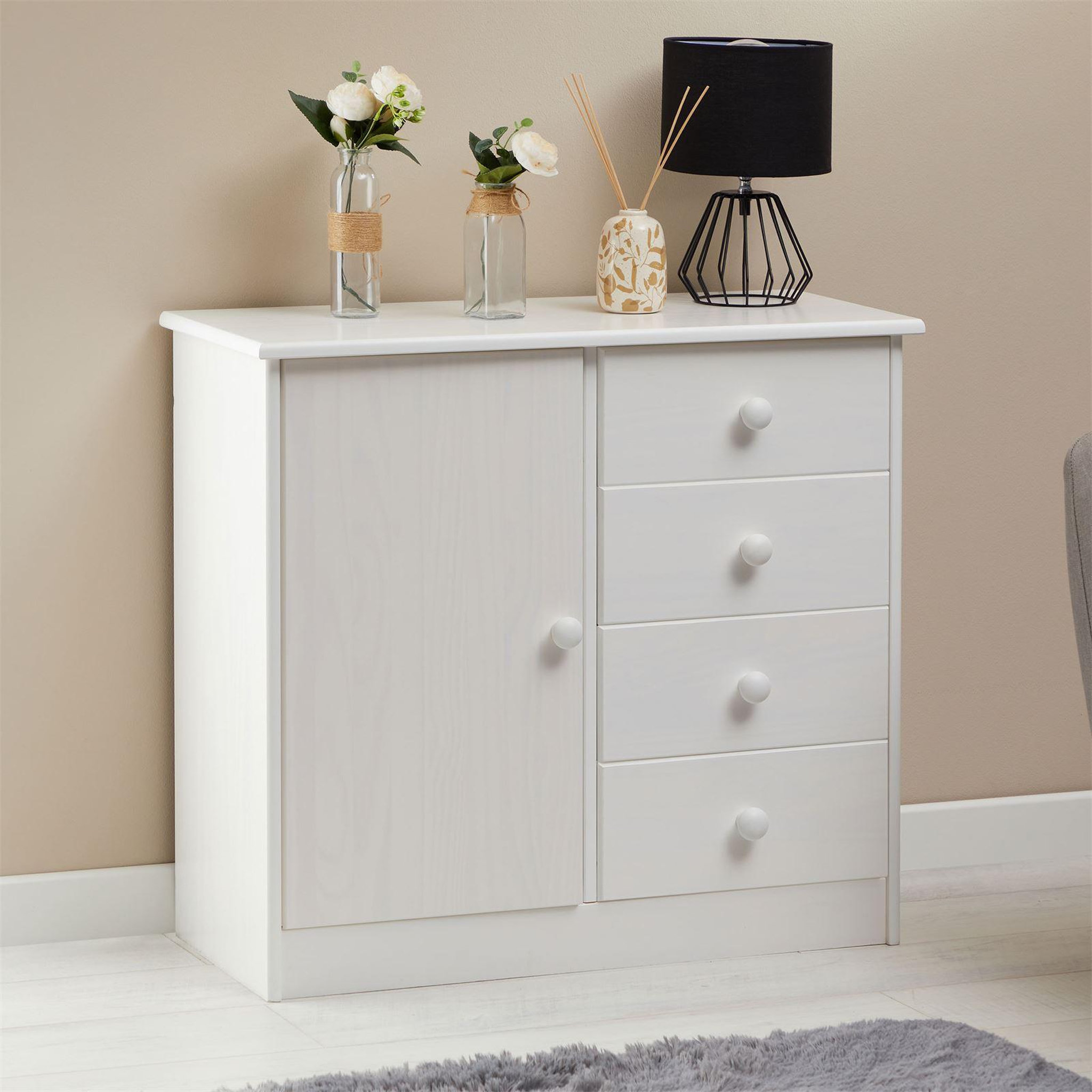 Voir la diapositive 2 : IDIMEX Commode rondo en pin massif, 4 tiroirs et 1 porte