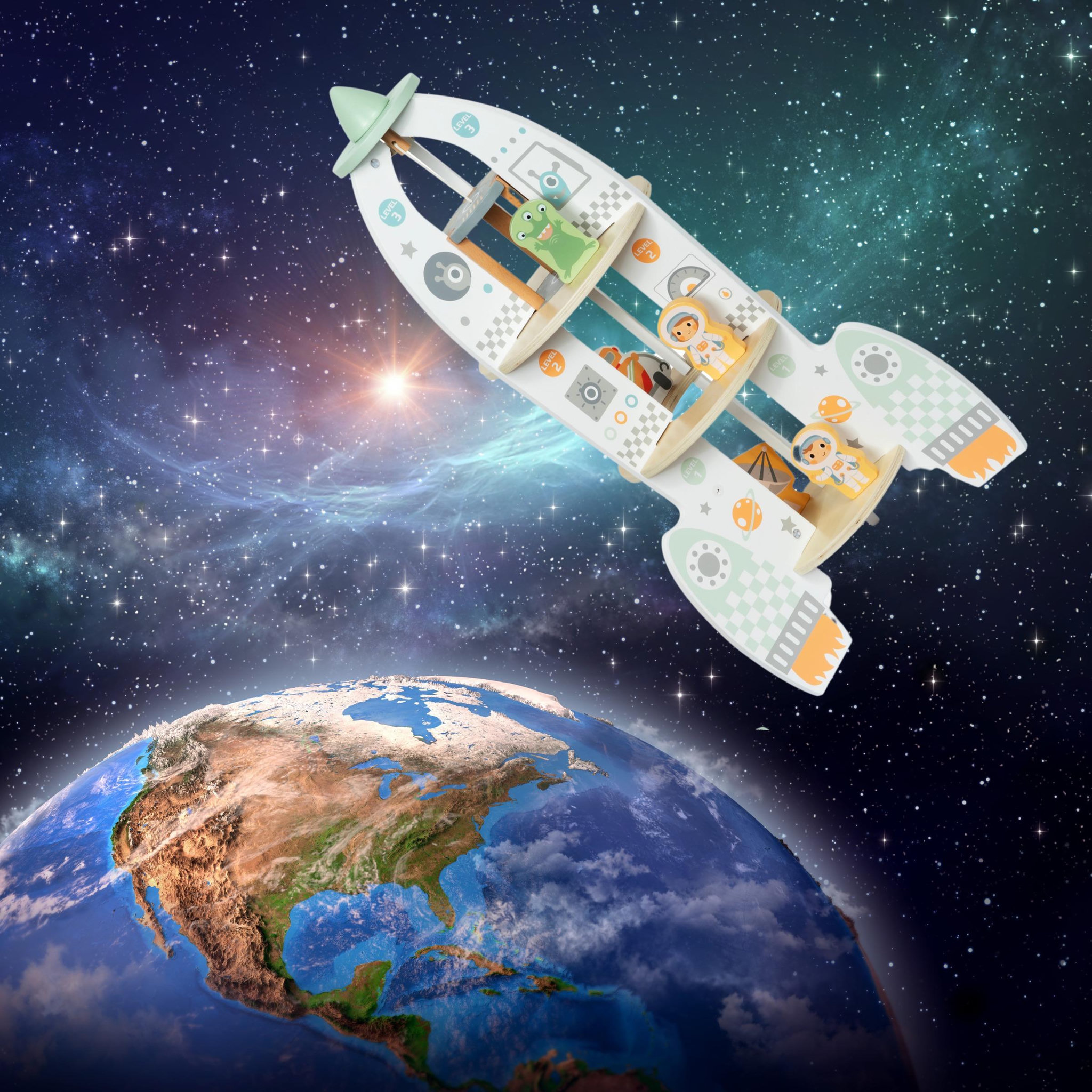 Voir la diapositive 5 : MAMABRUM Grande Fusée Spatiale en Bois avec Ascenseur, Astronautes et Accessoires, 60 cm