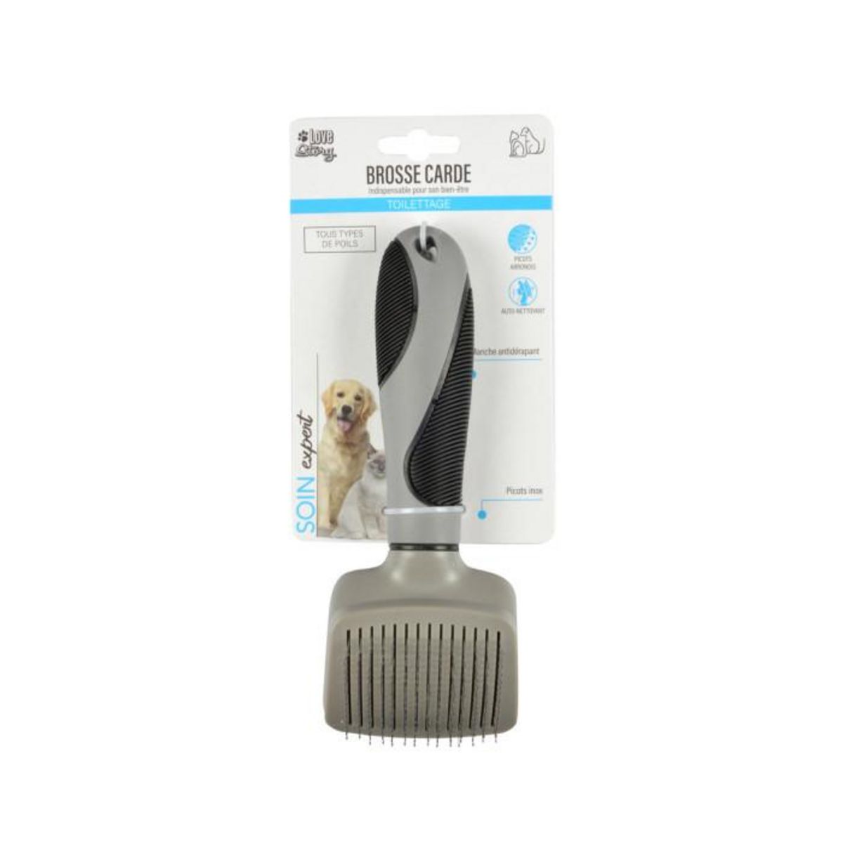 Paris Prix Brosse de Toilettage  Manche Ergonomique  19cm Gris