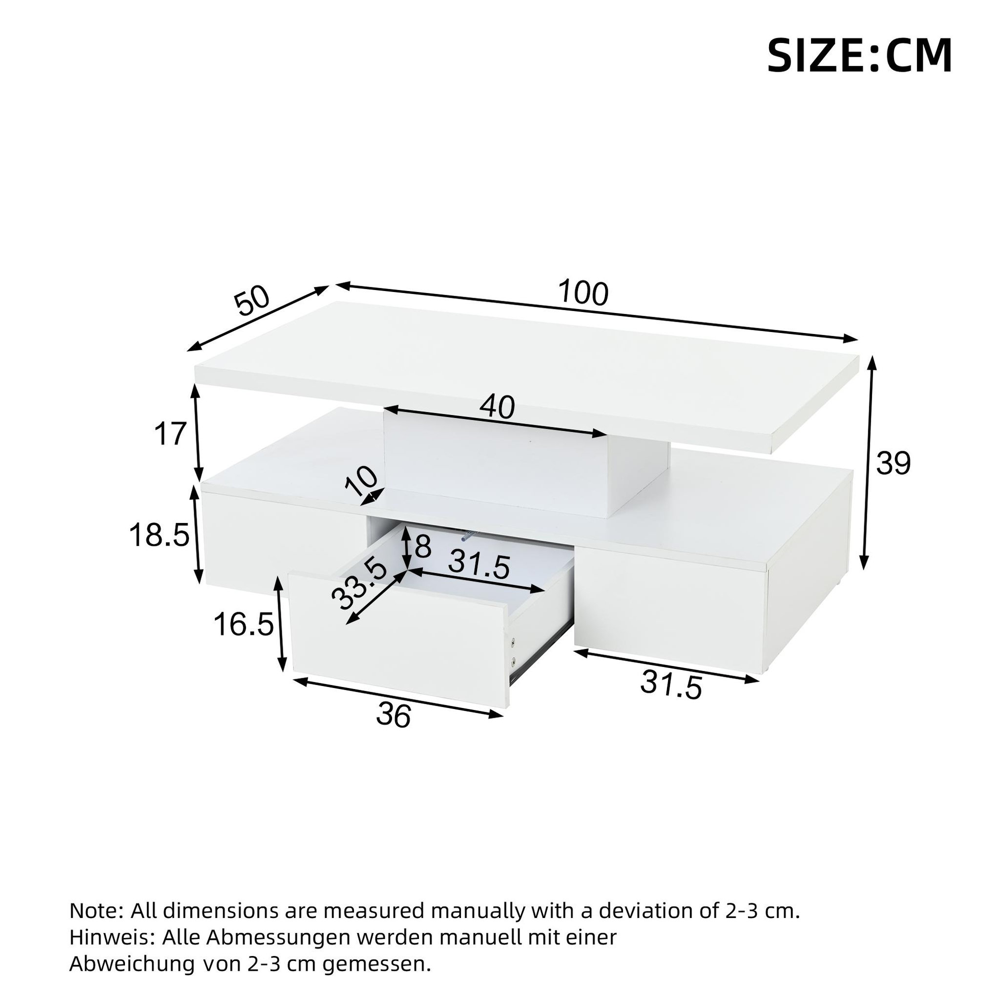 Voir la diapositive 3 : MERAX Table basse rectangulaire blanc avec 1 tiroir - 50x100 cm led panneau de particules