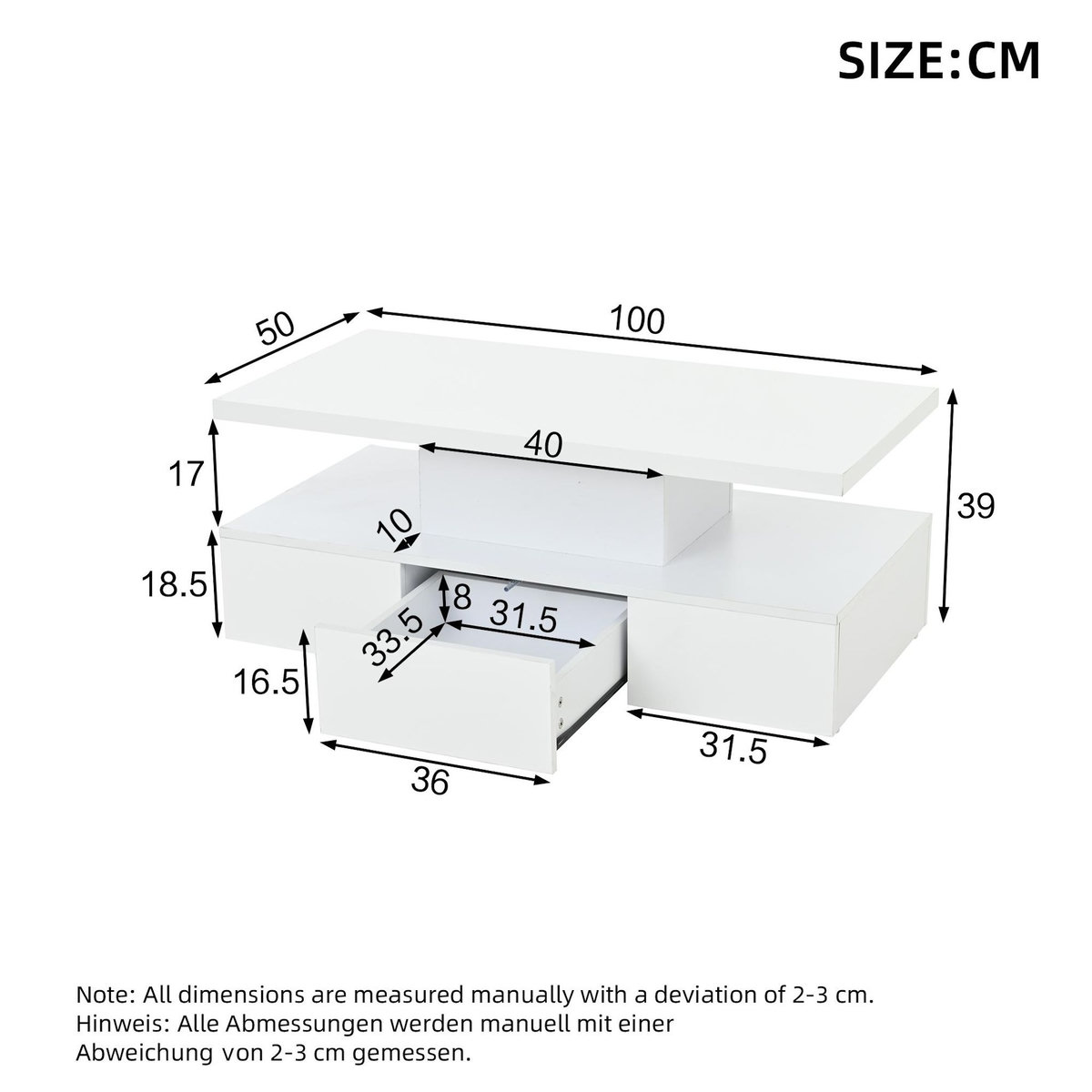 MERAX Table basse rectangulaire blanc avec 1 tiroir - 50x100 cm led panneau de particules