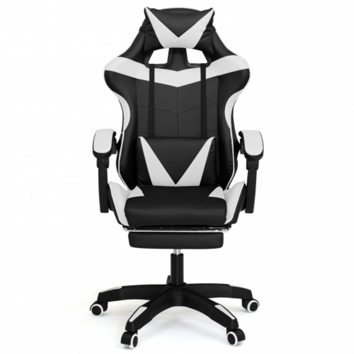 ID MARKET Fauteuil de gaming ALEX réglable avec repose-pied, coussin de tête et coussin lombaire noir et blanc