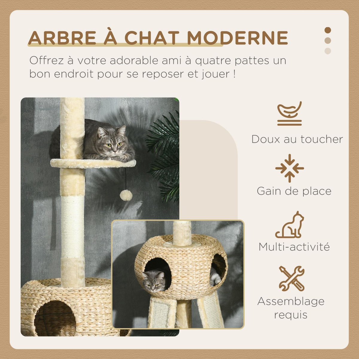 PAWHUT Arbre à chat style cosy naturel réglable H. 225-255 cm - niche, 2 rampes, plateforme, hamac - douce peluche courte beige