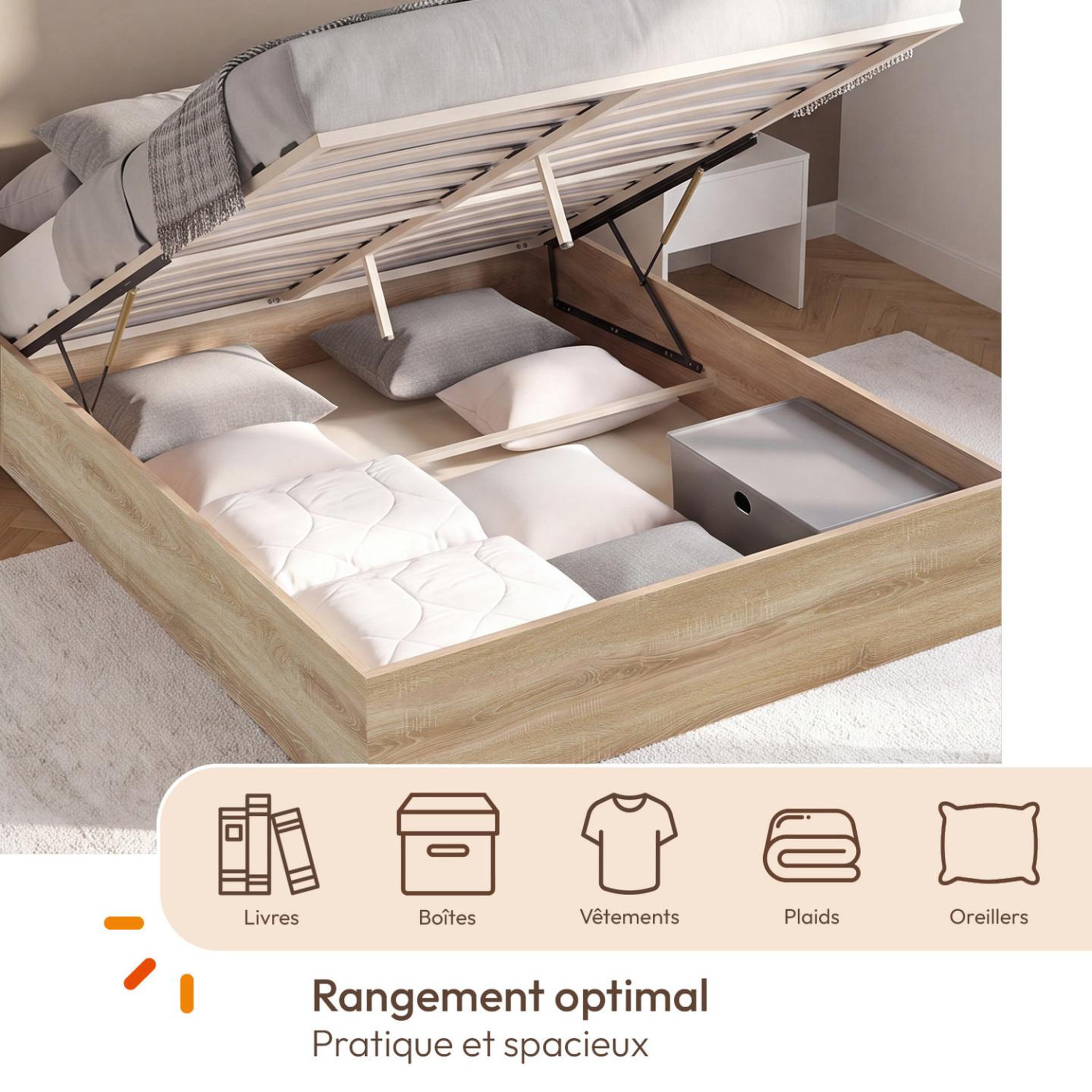 Voir la diapositive 4 : ID MARKET Lit coffre double sandside avec sommier 160 x 200 cm hêtre