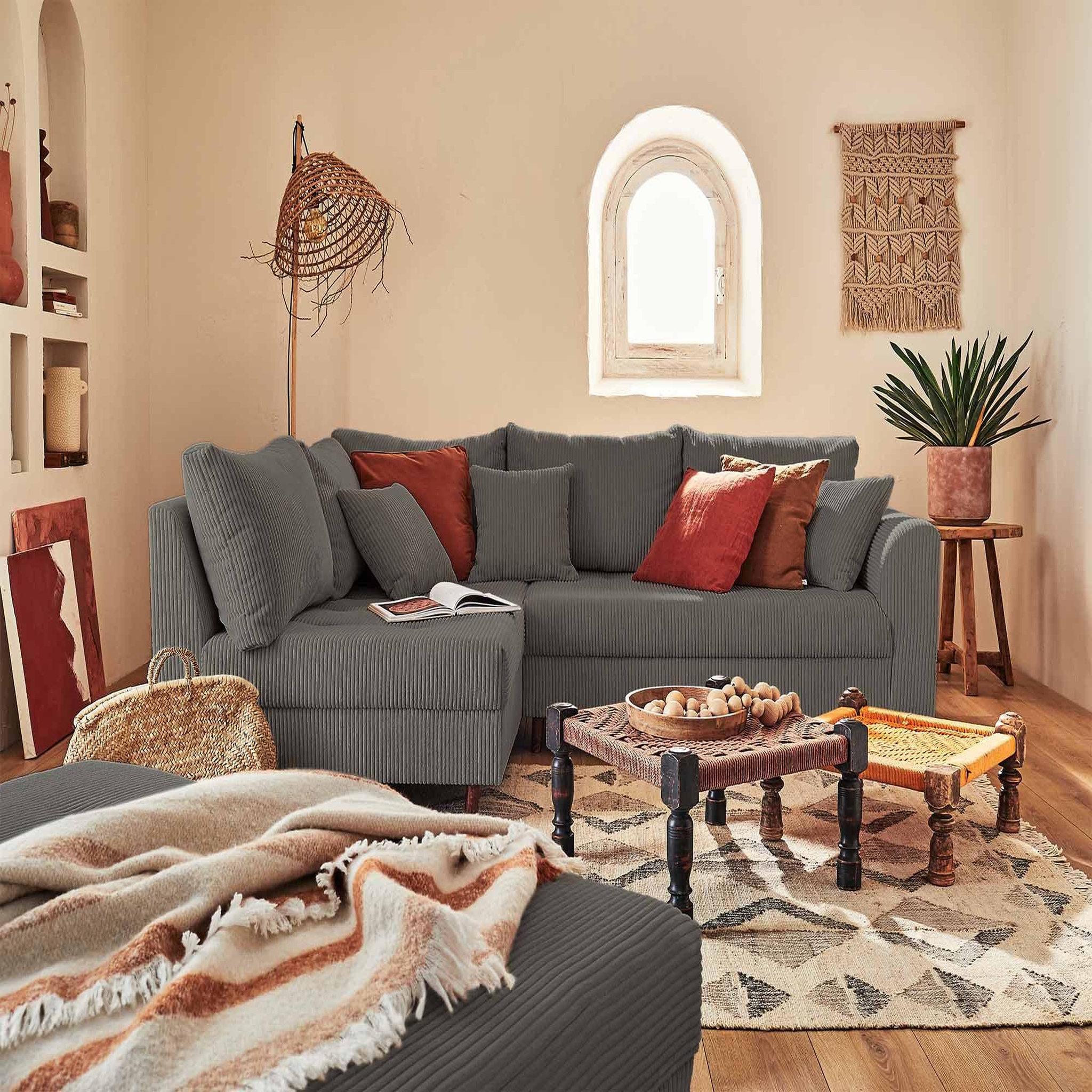 Voir la diapositive 5 : BEST MOBILIER Rune - canapé d'angle gauche - 4 places - avec pouf d'appoint - en velours côtelé
