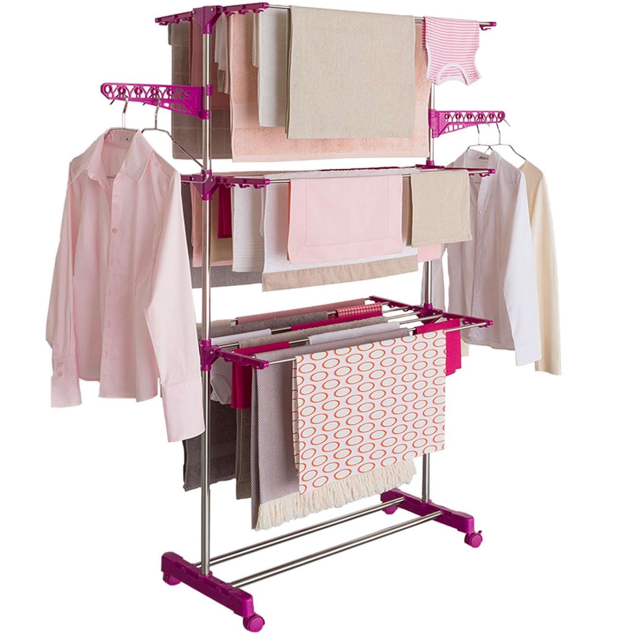 ID MARKET Séchoir à linge vertical pliable 3 niveaux maxima capacité 20m inox et rose