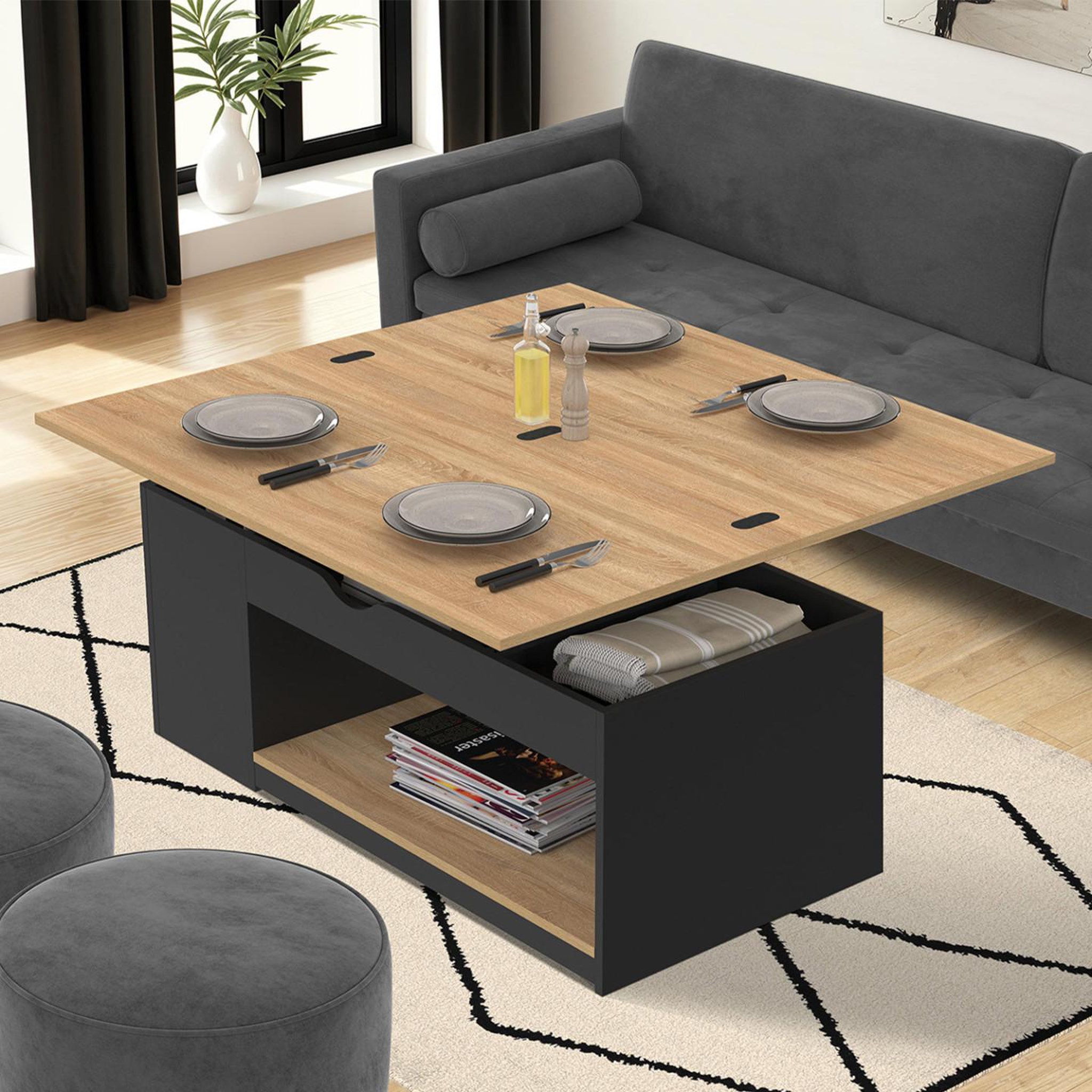 Voir la diapositive 2 : ID MARKET Table basse plateau relevable rectangulaire convertible en table à manger elea 100 cm bois noir et façon hêtre