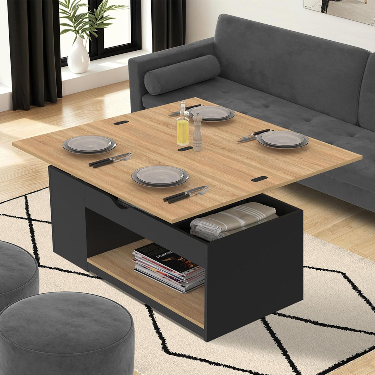 ID MARKET Table basse plateau relevable rectangulaire convertible en table à manger ELEA 100 cm bois noir et façon hêtre