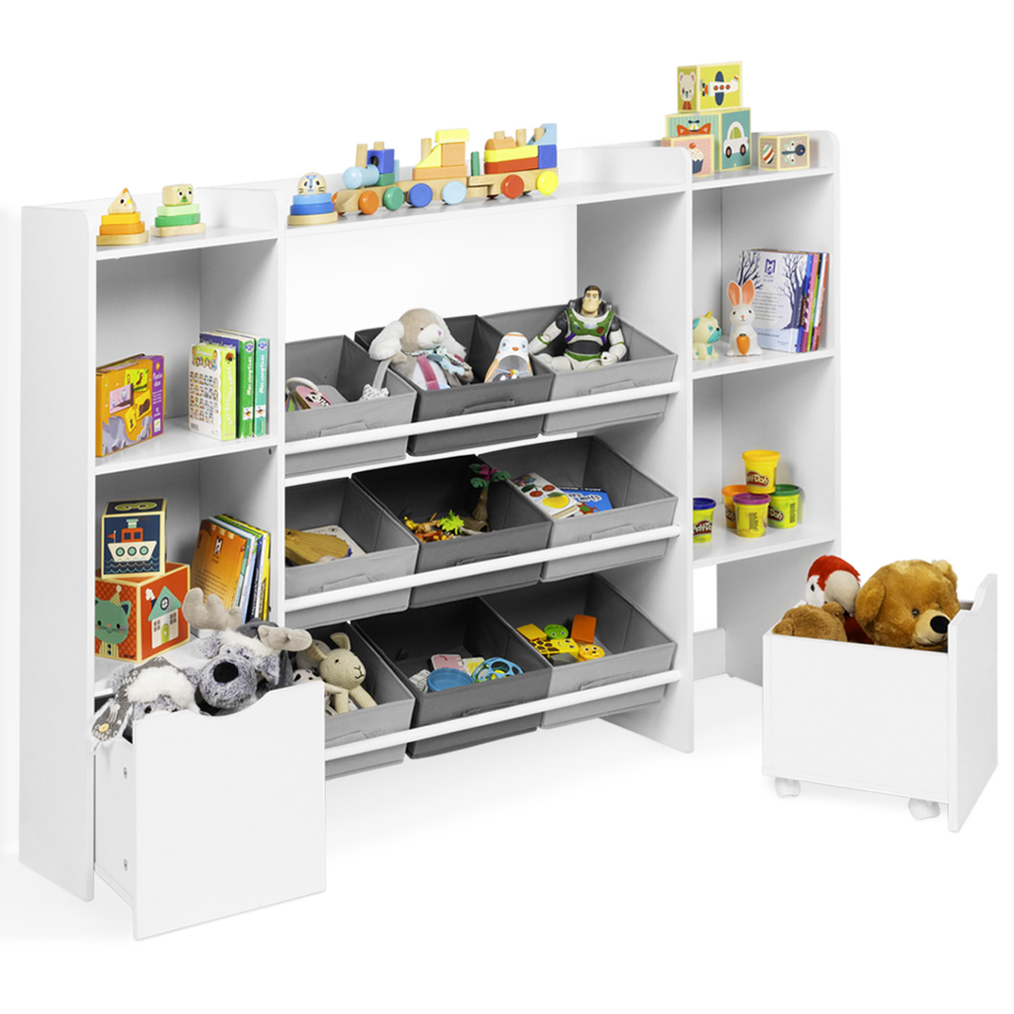 ID MARKET Meuble de rangement enfant mana 7 étagères, 9 bacs en tissu et 2 cubes sur roulettes blanc