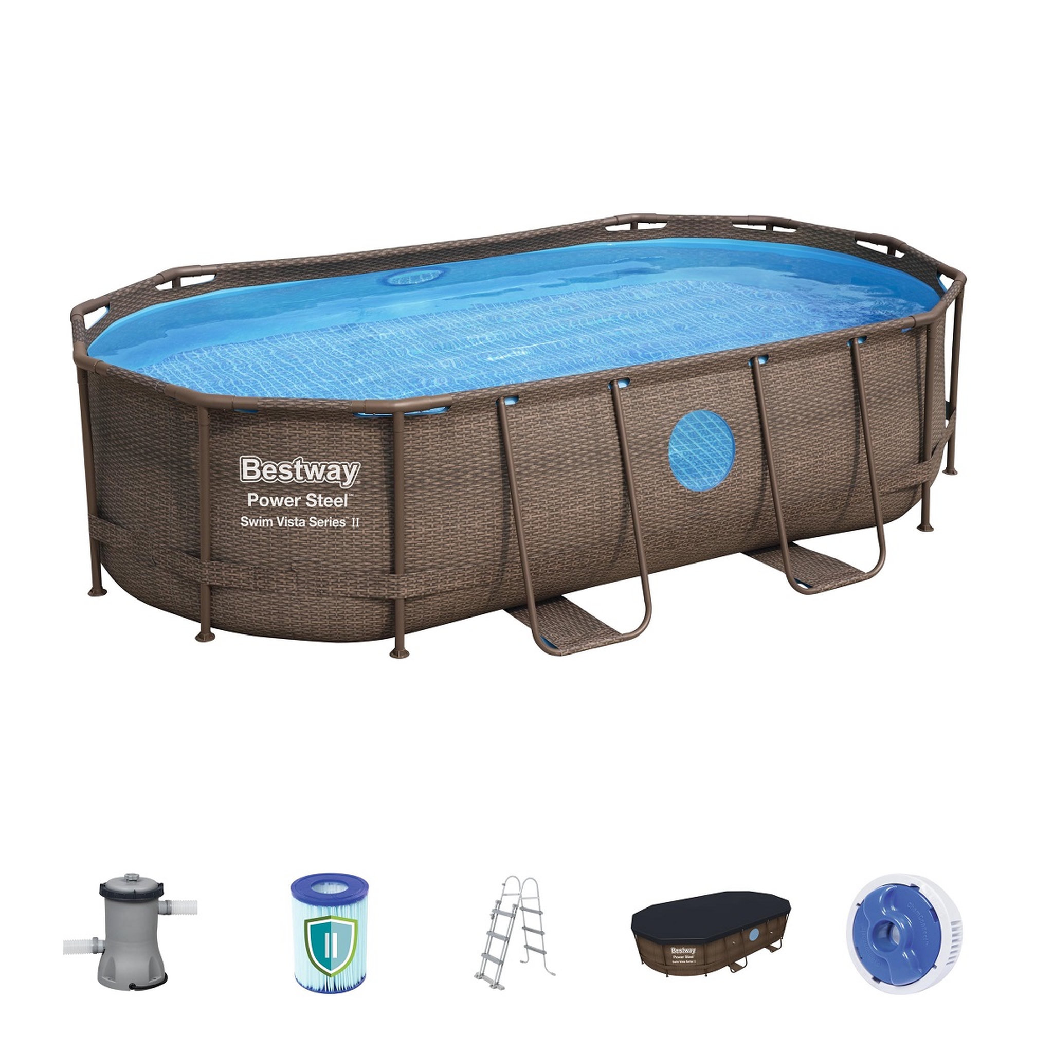 Voir la diapositive 5 : BESTWAY Piscine hors sol 427 x 250 x 100 cm Power Steel&trade; SwimVista ovale motif rotin avec hublots 
