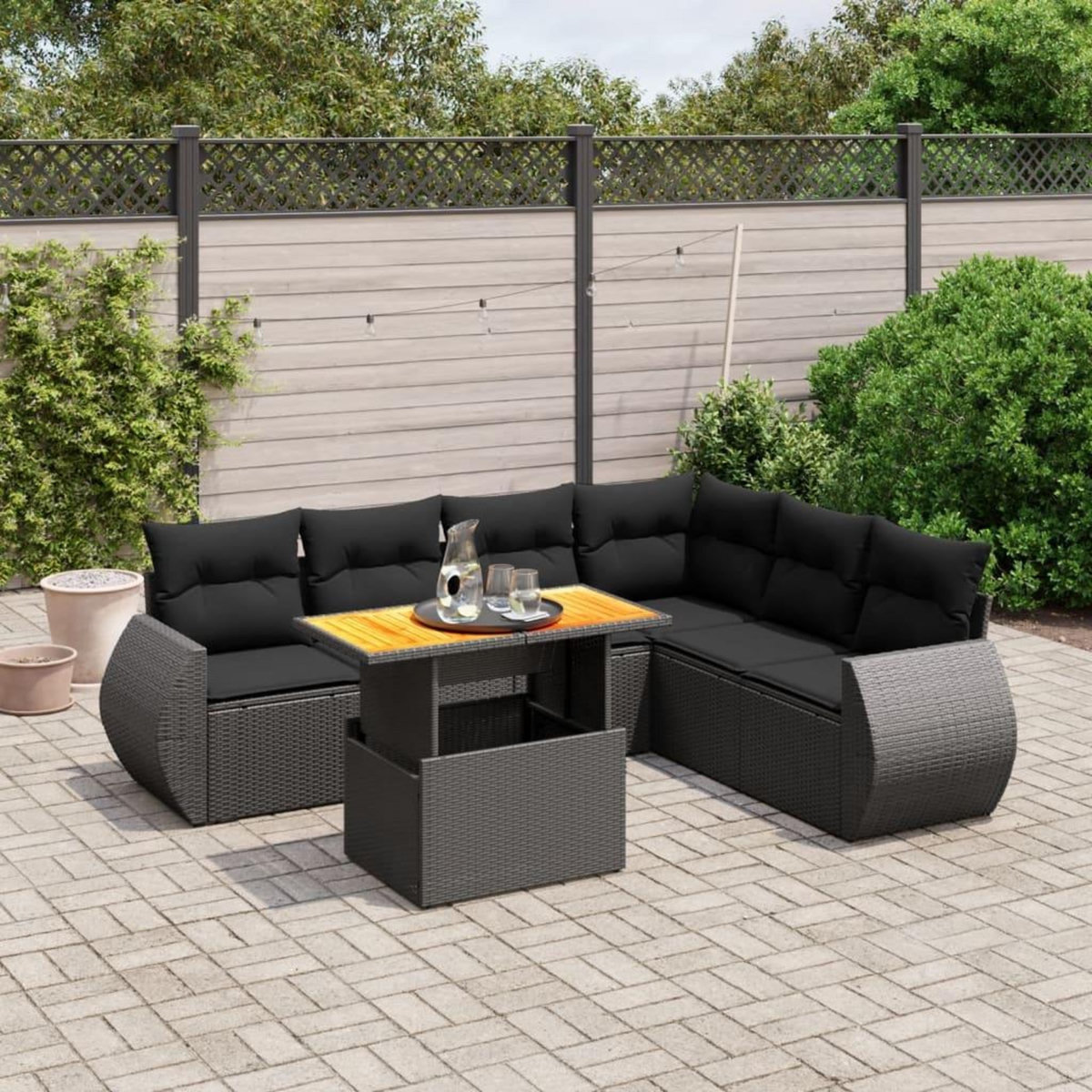 VIDAXL Salon de jardin 7 pcs avec coussins noir resine tressee