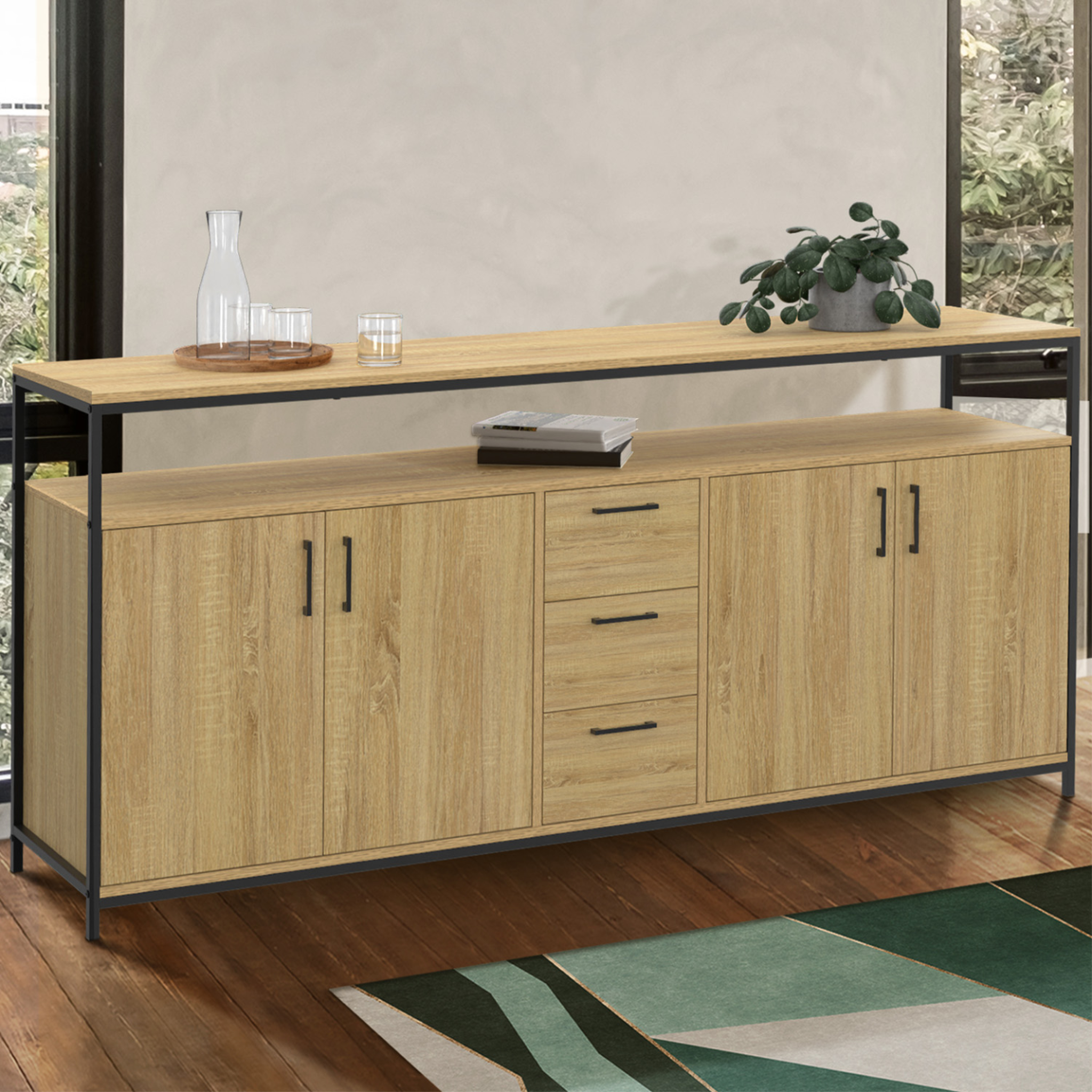 Voir la diapositive 2 : ID MARKET Buffet 180 cm detroit xxl 4 portes et tiroirs design industriel