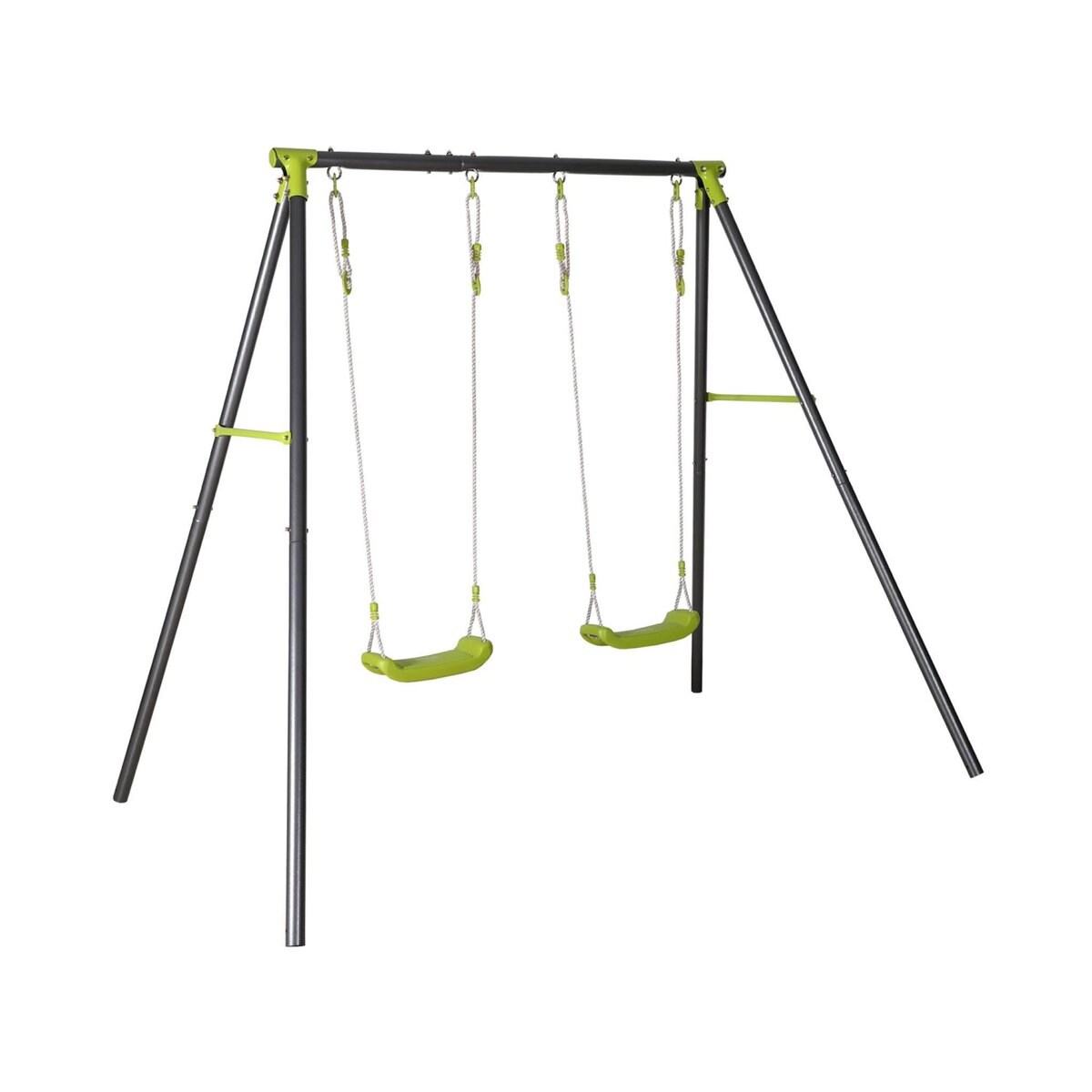SWEEEK Portique balançoire double en métal BISE. 2 places. noir et vert. acier. L 217 x P 153 x H 195 cm