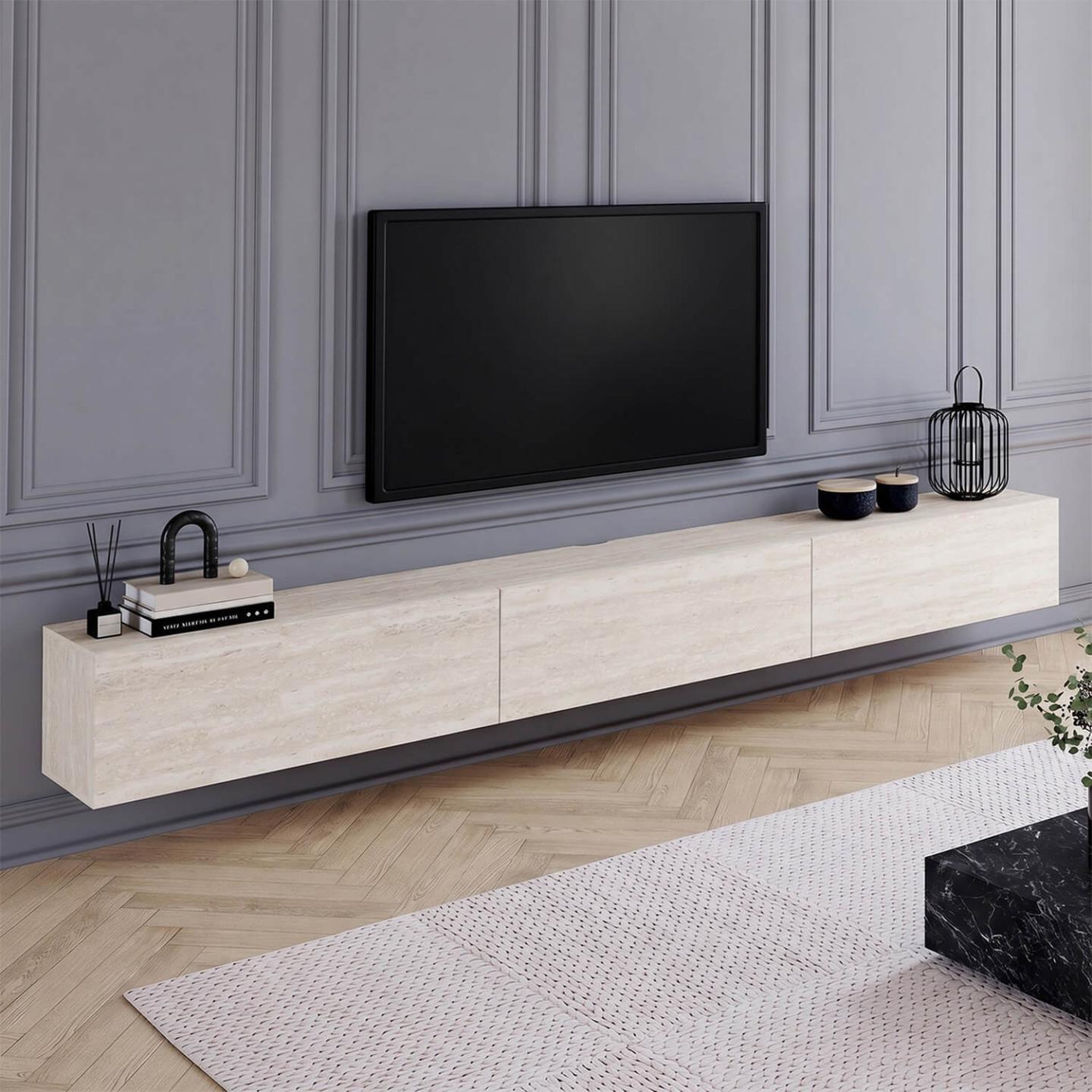 Voir la diapositive 2 : ID MARKET Meuble tv 270 cm suspendu elio 3 portes effet travertin