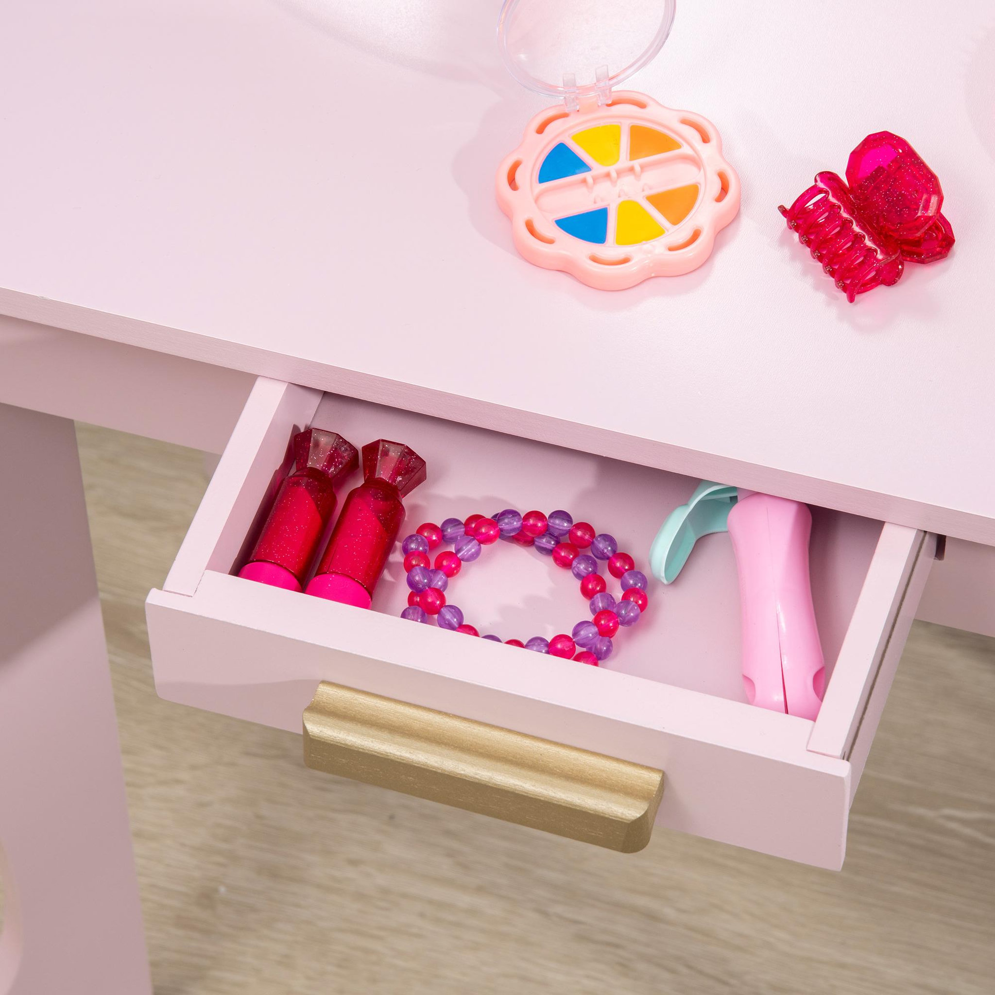 Voir la diapositive 5 : HOMCOM Coiffeuse enfant design girly - tabouret inclus - dim. 52L x 32l x 85H cm - tiroir, 3 miroirs - MDF bois de pin - rose poudré