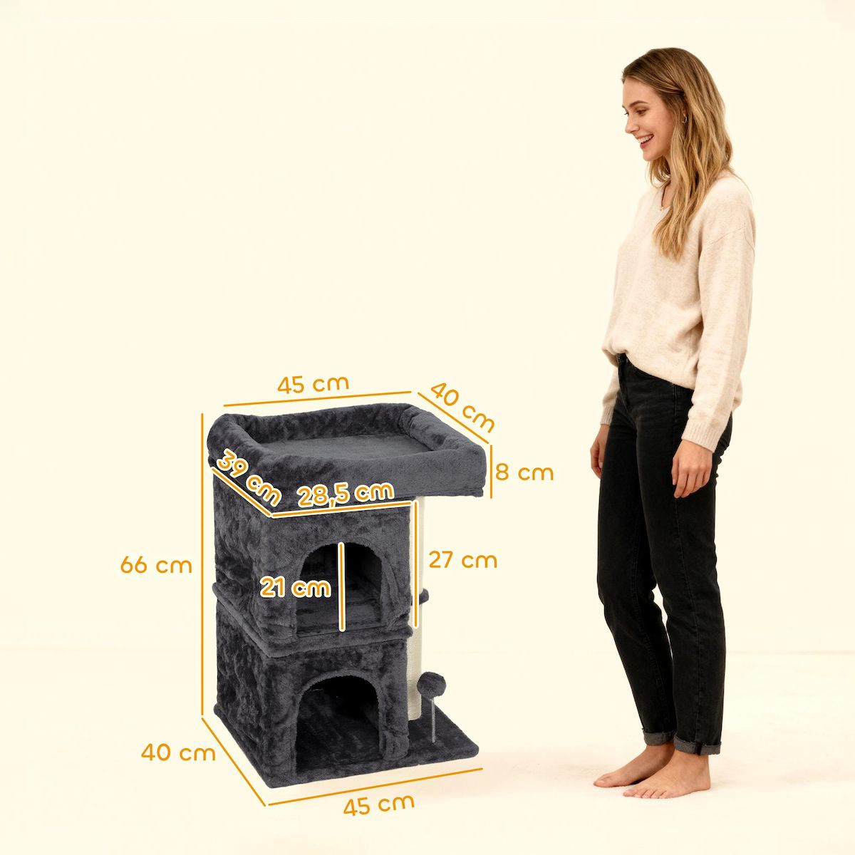 PAWHUT Arbre à chat griffoir 2 niches grande plateforme panier d'observation boule ressort gris