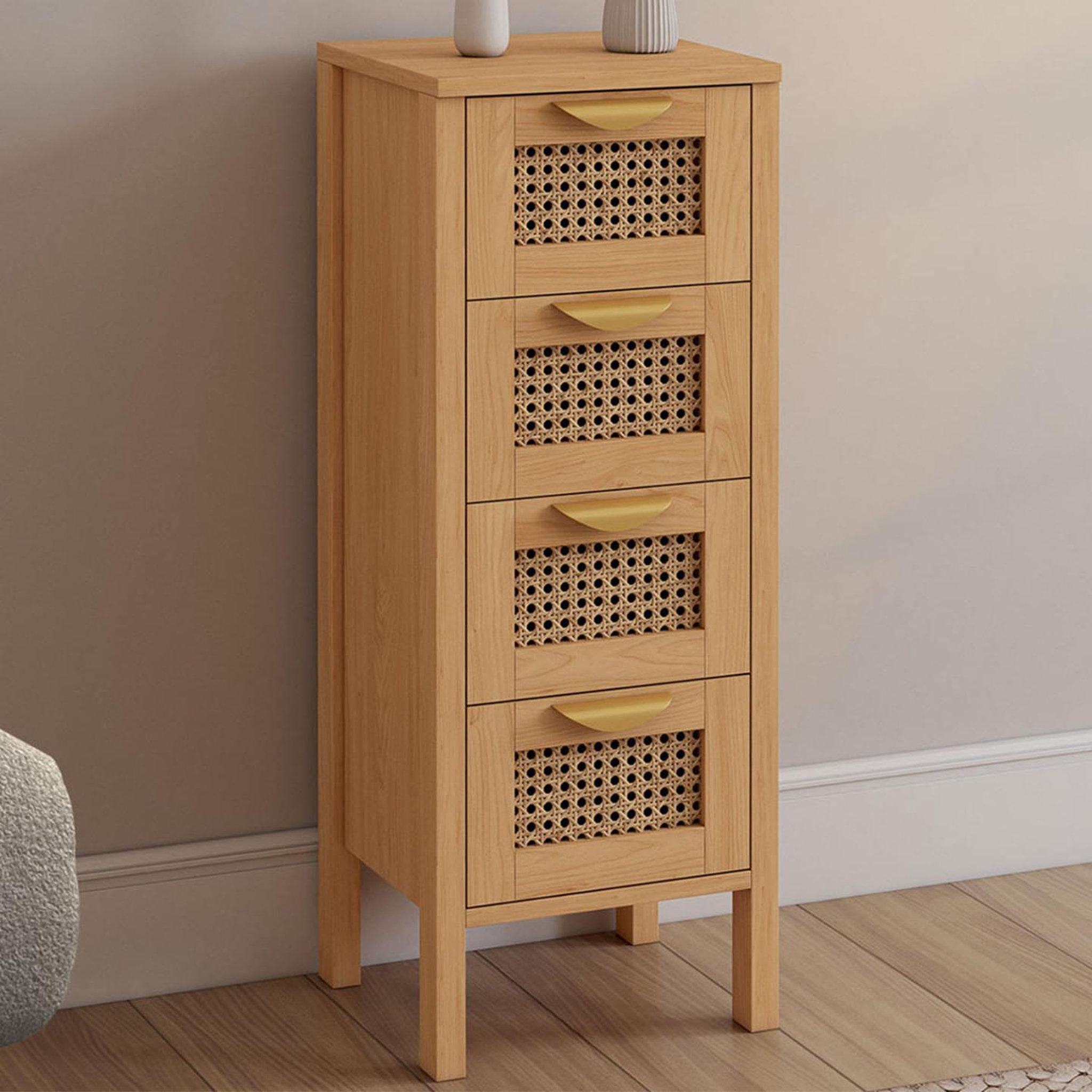 Voir la diapositive 2 : ID MARKET Meuble d'appoint 4 tiroirs edhen 30x30x80 cm chiffonnier pour entrée salle de bain avec cannage