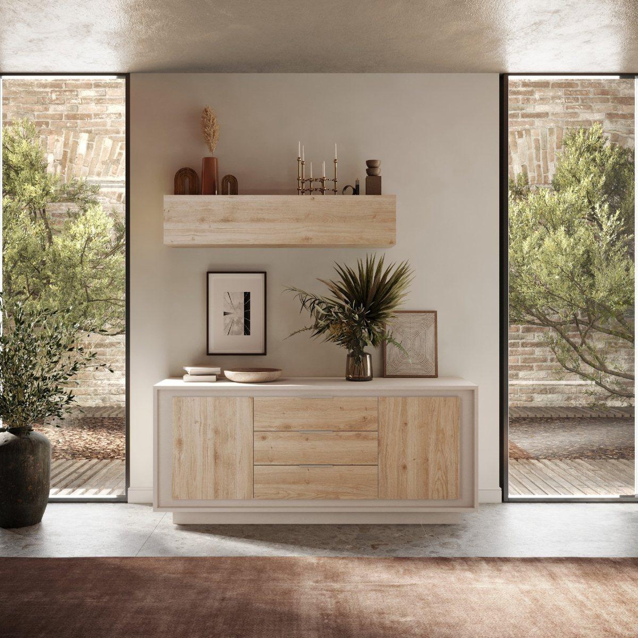 Voir la diapositive 2 : JLC KREATION Buffet bas beige et bois clair 2 portes-3 tiroirs 180cm yori