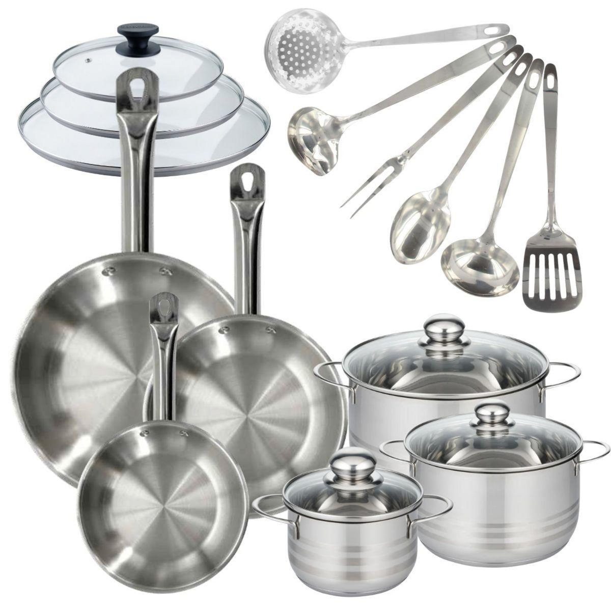 Fackelmann Set 3 poêles 20, 24 et 28 cm en inox et couvercles, 3 faitouts inox 16, 20 et 24 cm et 6 ustensiles inox Fackelmann Eterna