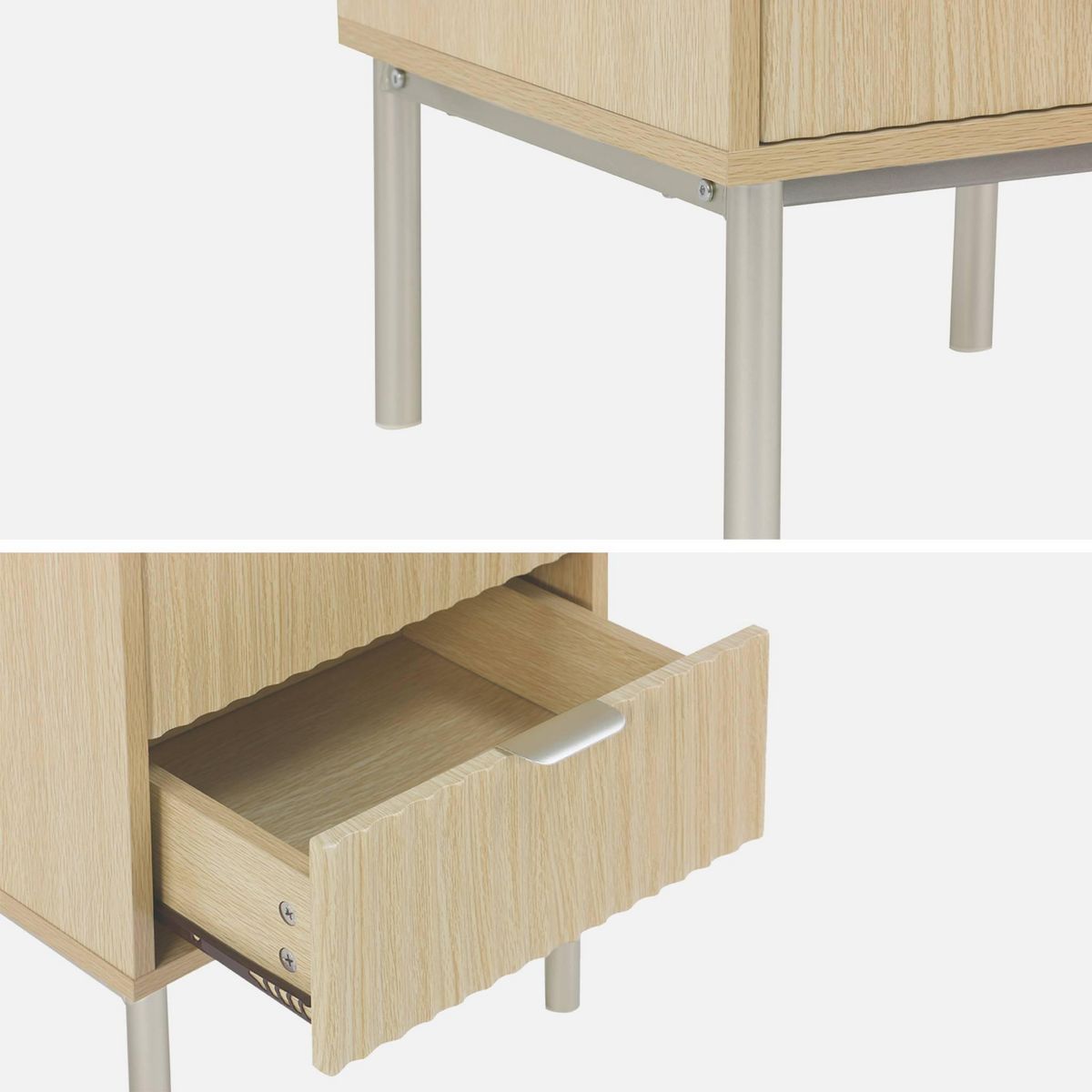 SWEEEK Lot de 2 tables de chevet effet bois rainuré et métal. pieds métal champagne. 2 tiroirs