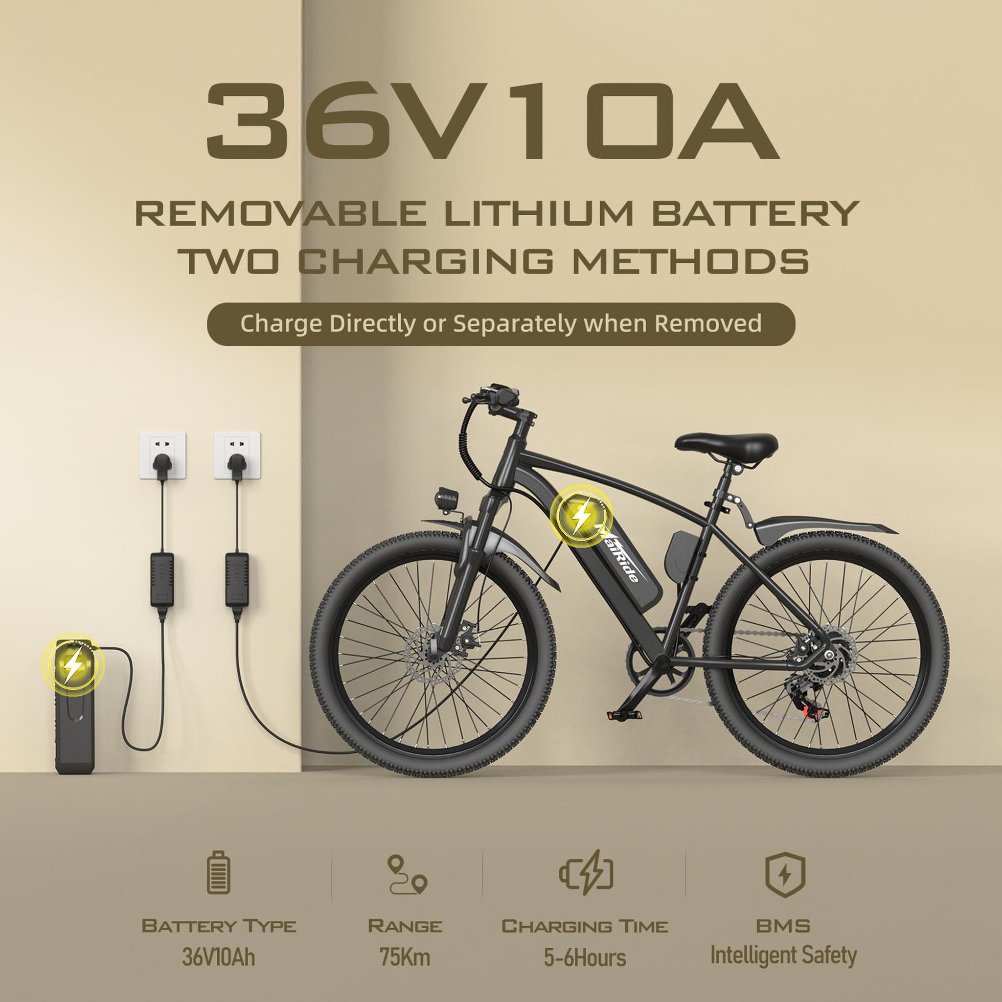Voir la diapositive 3 : MAIRIDE Vélo Électrique 26" Mairide Q7, 36V 10Ah, 7 Vitesses, noir