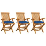 VIDAXL Chaises de jardin avec coussins bleu lot de 3 Bois teck massif