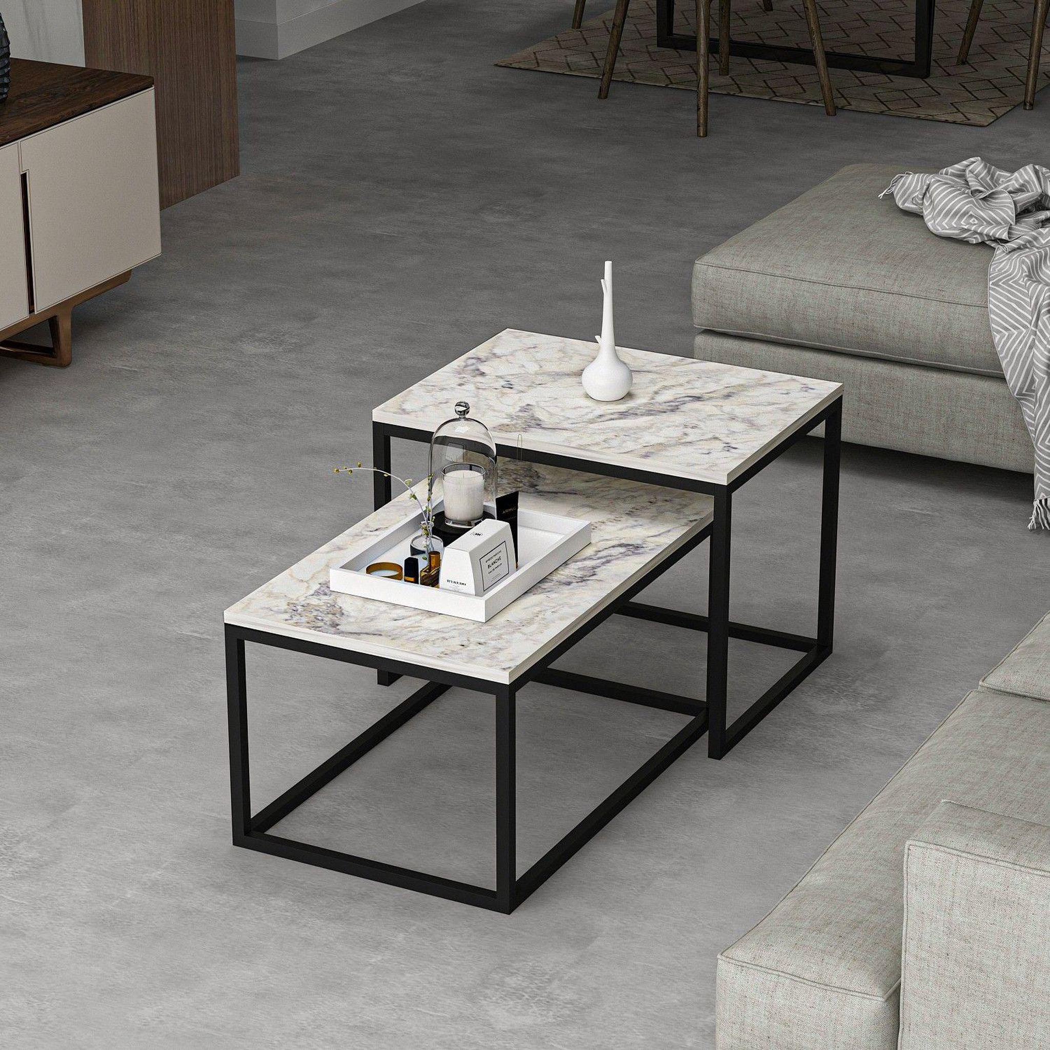 Voir la diapositive 6 : TOILINUX Duo de tables basses encastrables effet marbre - blanc et noir
