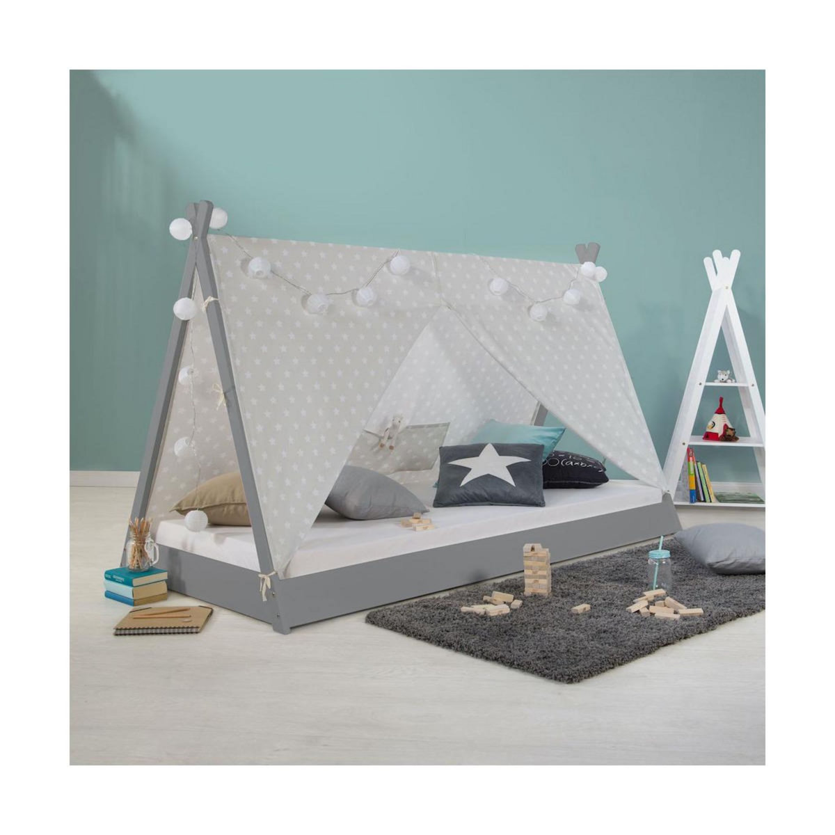 HomeStyle4U Lit Tipi Enfant 90x200 Tissu gris étoilé