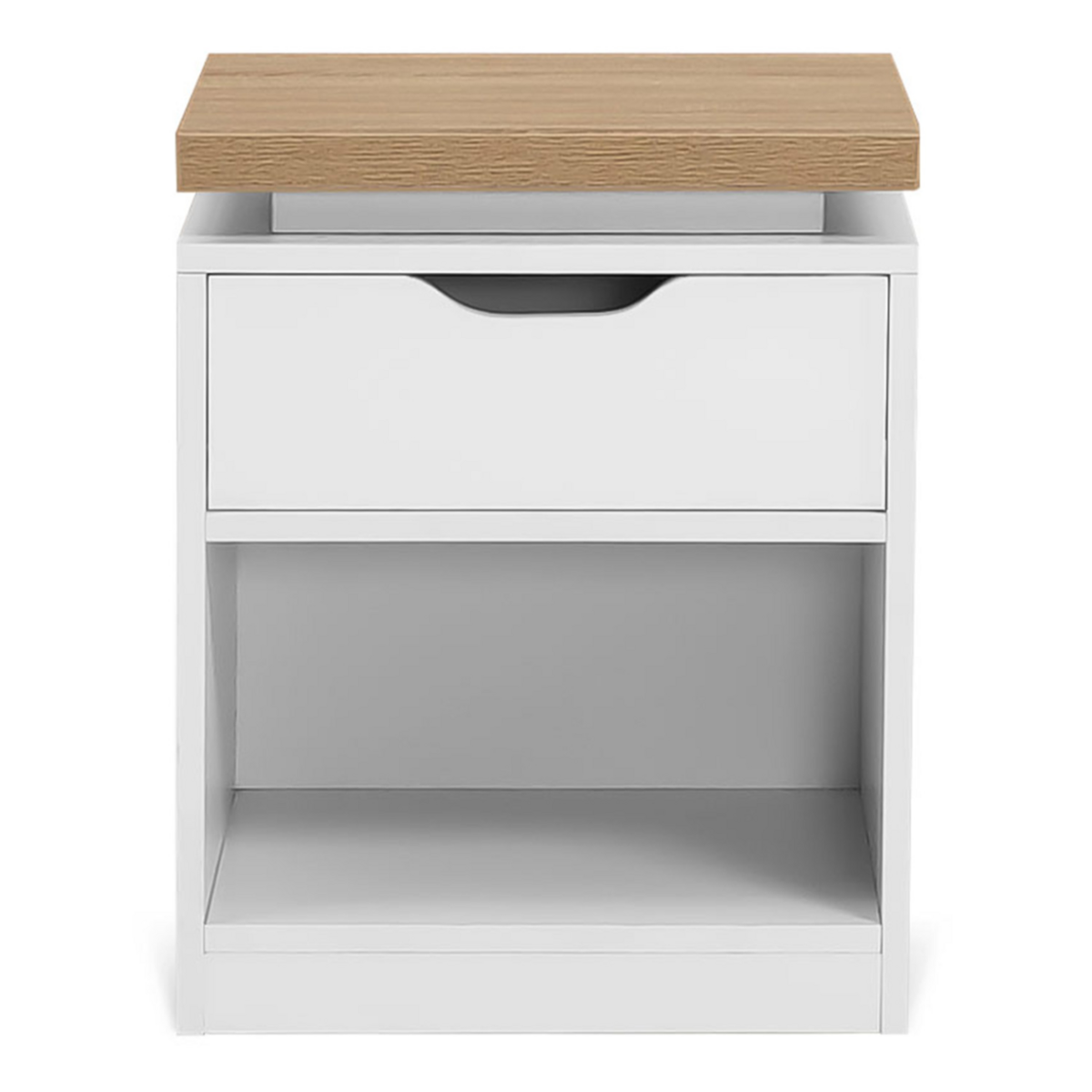 ID MARKET Lot de 2 tables de chevet LUNA à LEDS 1 tiroir avec niche blanc et plateau effet bois