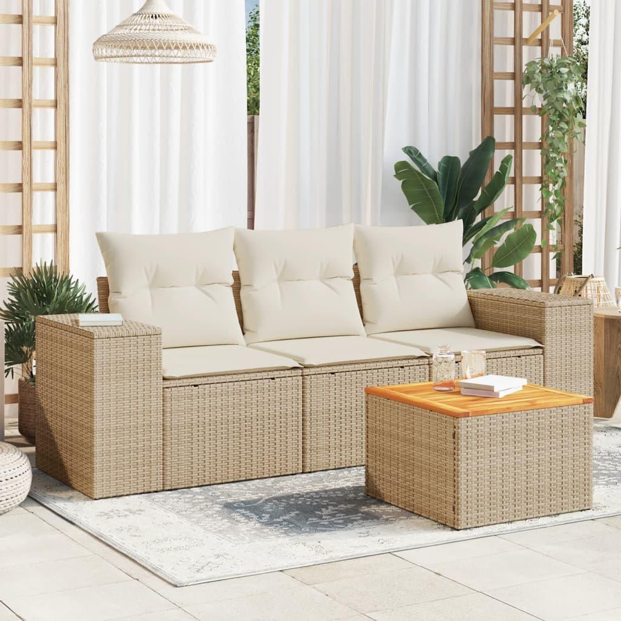 VIDAXL Salon de jardin avec coussins 4 pcs beige resine tressee