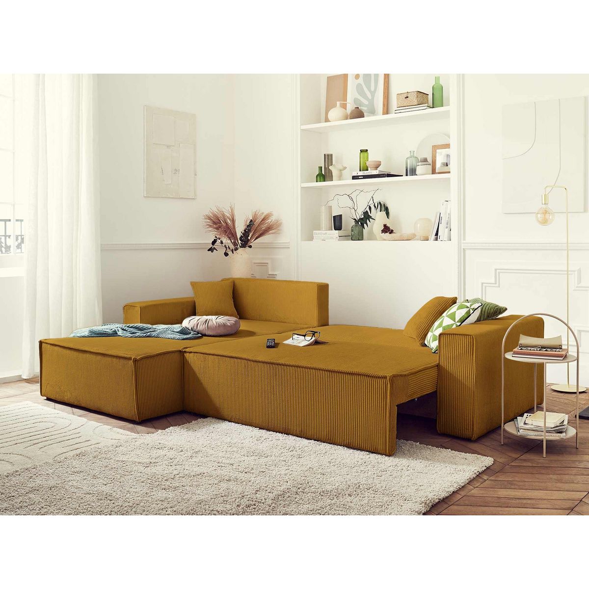 BEST MOBILIER Dellia - canapé d'angle réversible convertible - avec coffre - en velours côtelé - 4 places