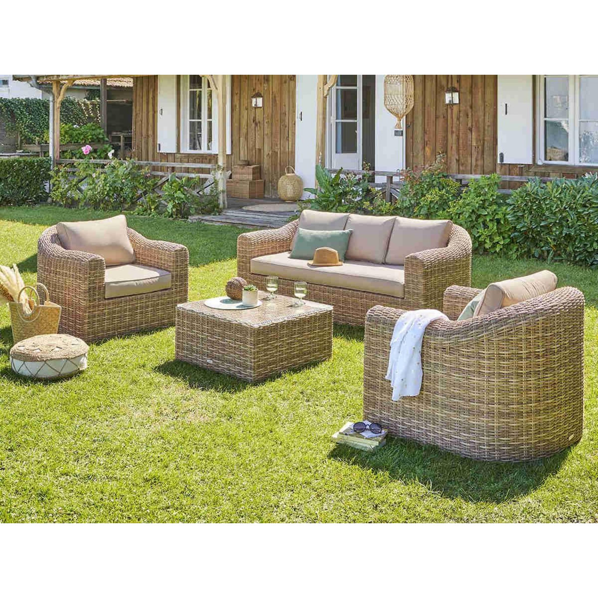 HESPERIDE Salon de jardin en résine tressée Moorea Savana - 5 places - Hespéride