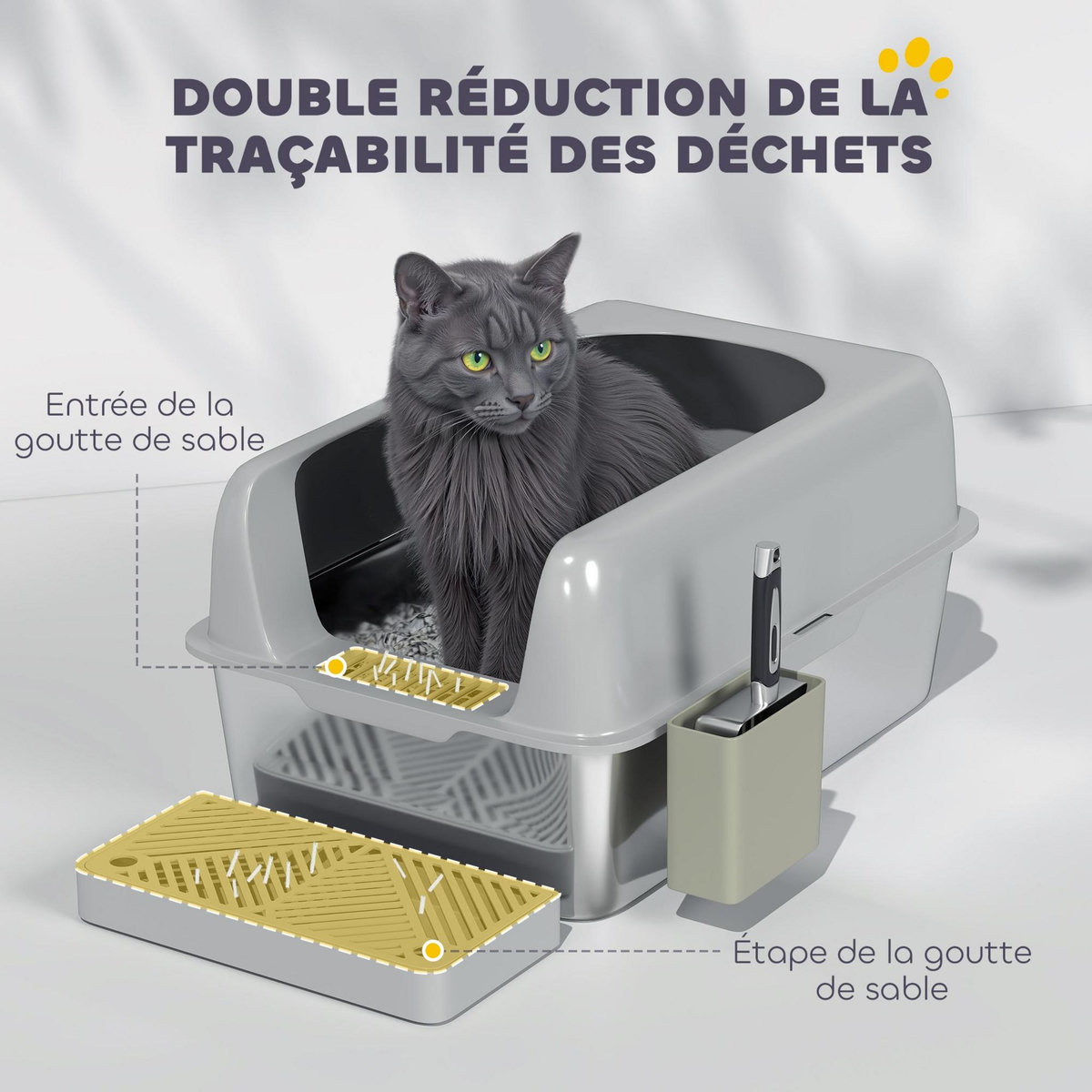 PAWHUT Bac à litière chat en acier inoxydable 60 x 40 x 29 cm nombreux accessoires gris