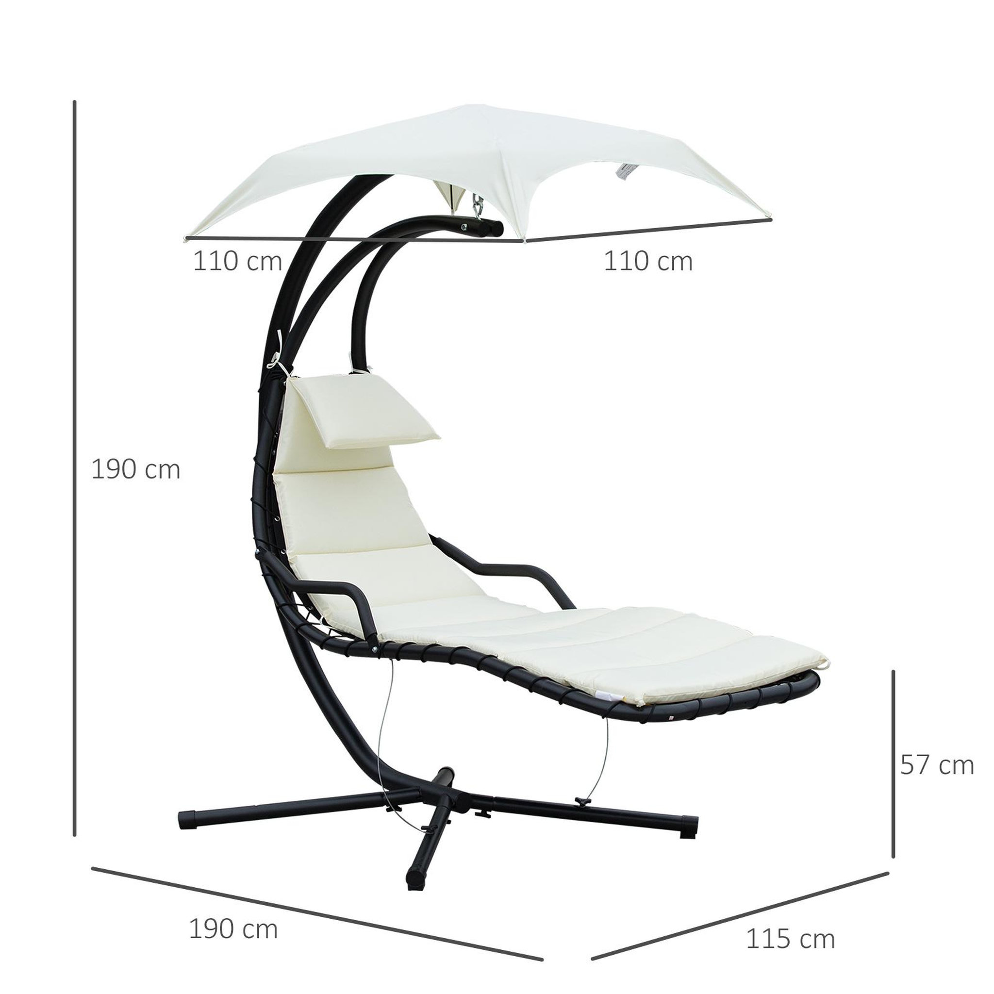 Voir la diapositive 3 : OUTSUNNY Bain de soleil transat suspendu avec pare-soleil et matelas design contemporain 190L x 115l x 190H cm acier polyester crème noir