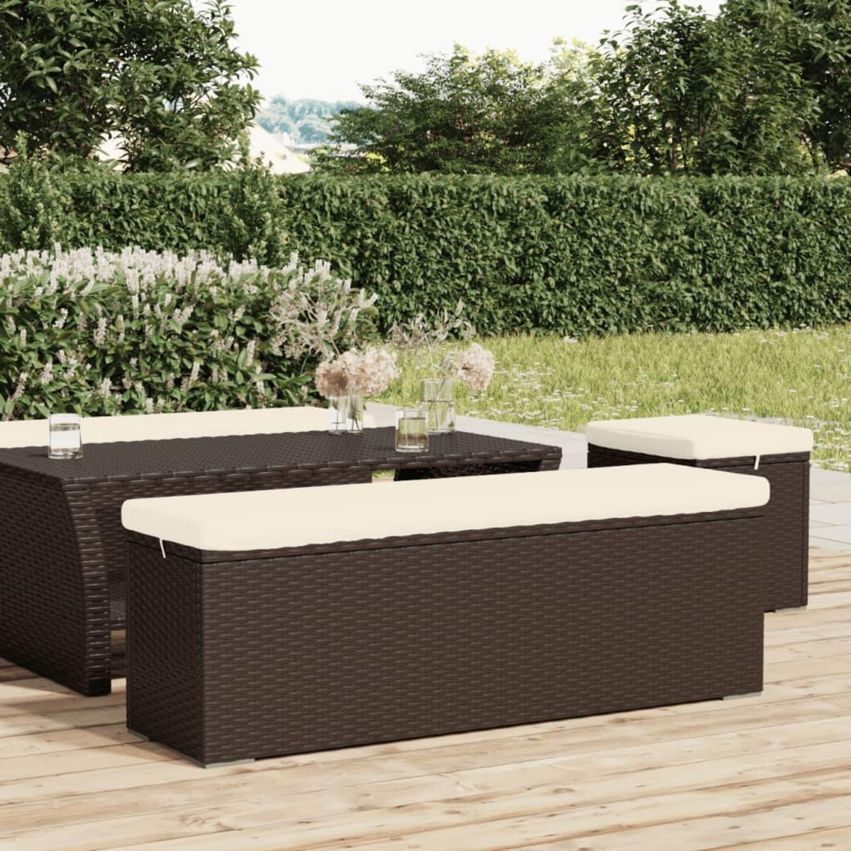 VIDAXL Banc pouf avec coussin marron 110x30x40 cm resine tressee