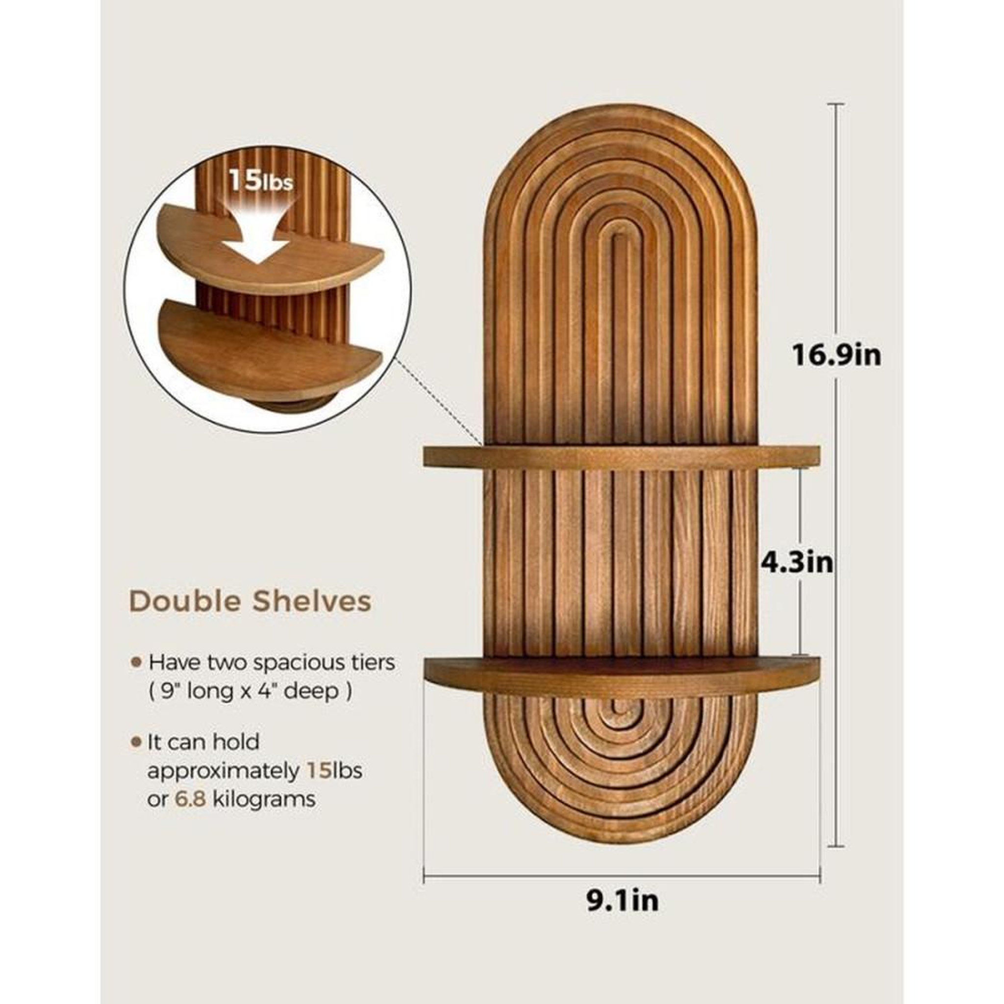 Voir la diapositive 4 : Étagère murale en pin BAMWORLD à deux niveaux, finition bois naturel, 43 x 23 x 11 cm