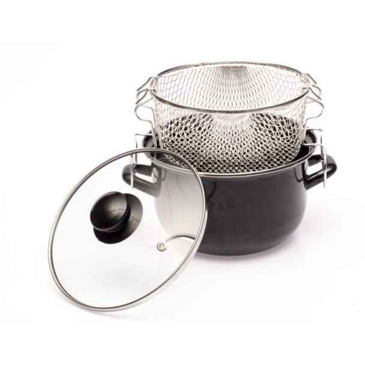 BAUMALU Friteuse traditionnelle en émail 20 cm avec panier et couvercle en verre Noir