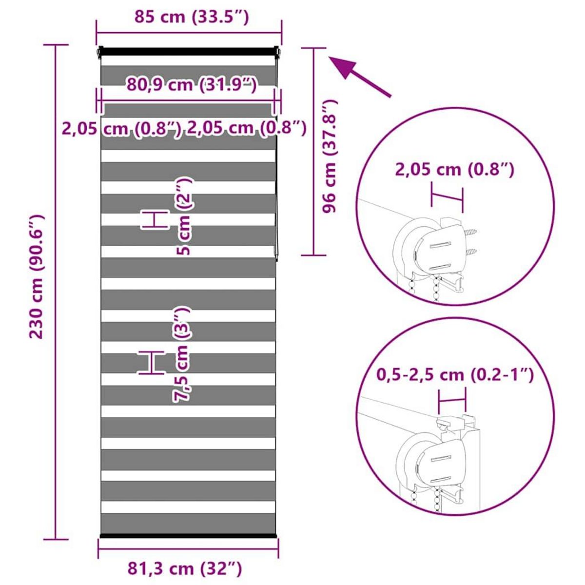 VIDAXL Store zebre gris fonce largeur du tissu 80,9 cm polyester