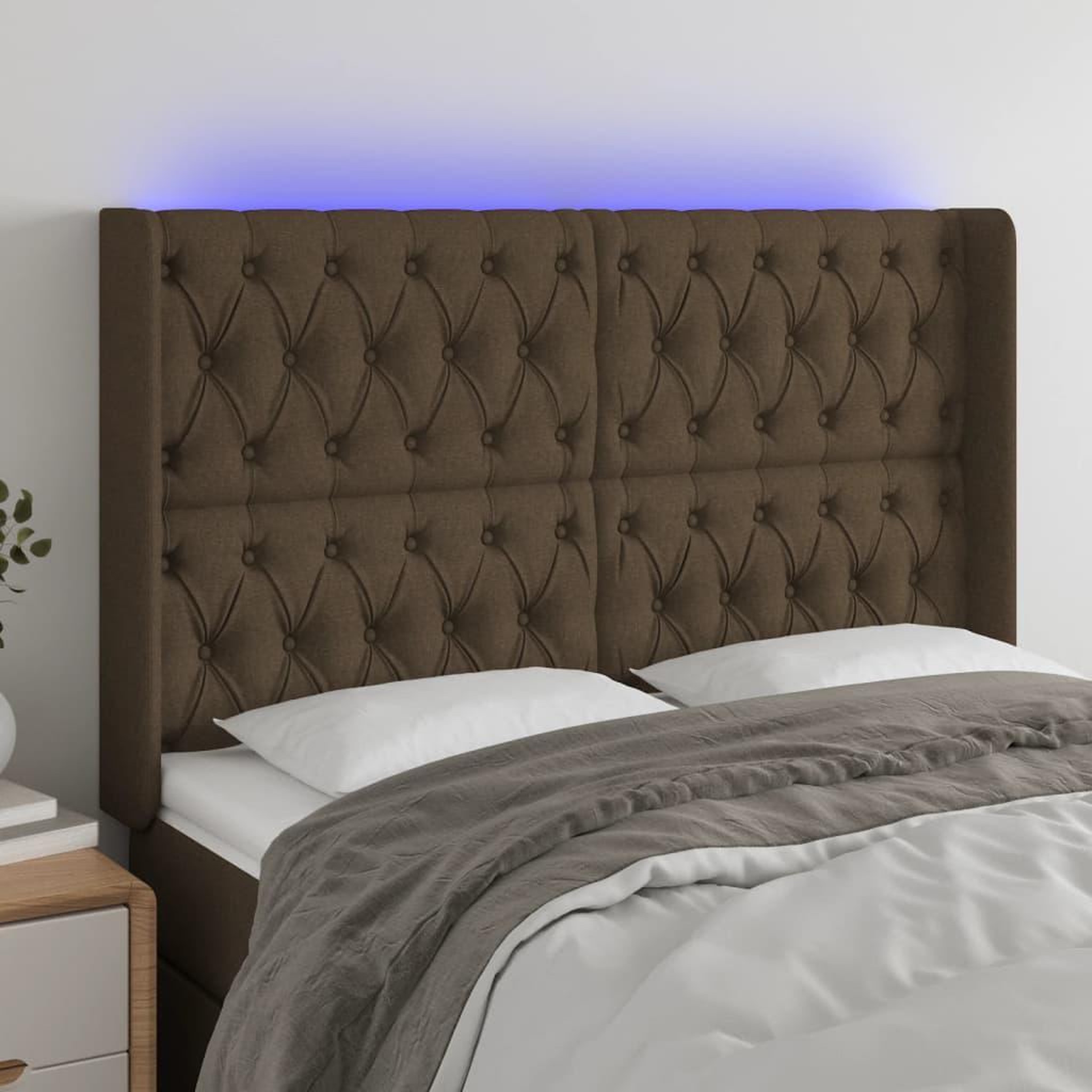 Voir la diapositive 1 : VIDAXL Tete de lit a LED Marron fonce 147x16x118/128 cm Tissu
