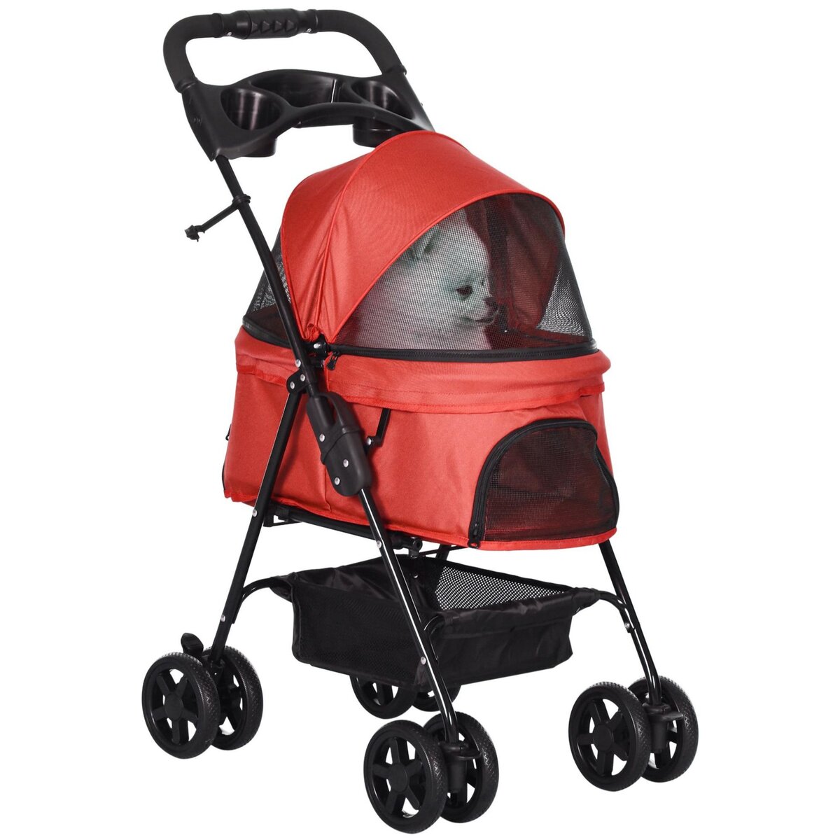 PAWHUT Poussette buggy pliable chien chat panier rangement porte-gobelets tissu 300D Oxford imperméable 4 roues rouge