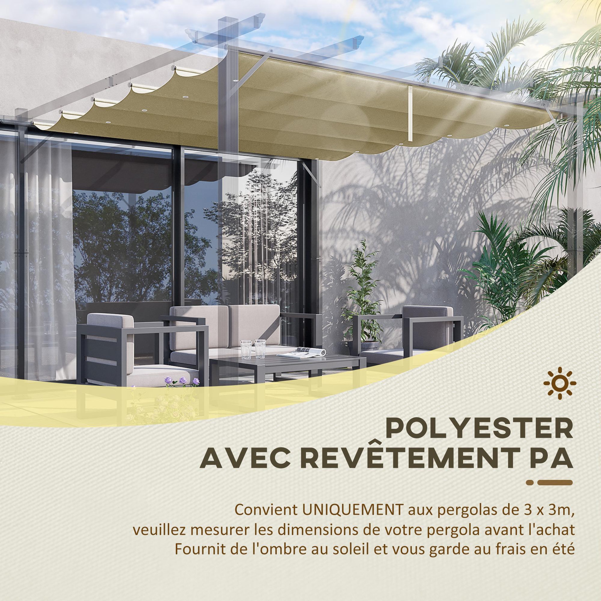 Voir la diapositive 4 : OUTSUNNY Toile de rechange pour pergola rétractable 3 x 3 m polyester haute densité 180 g/m² imperméabilisé beige
