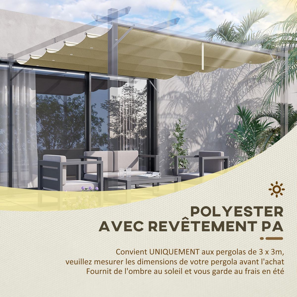 OUTSUNNY Toile de rechange pour pergola rétractable 3 x 3 m polyester haute densité 180 g/m² imperméabilisé beige