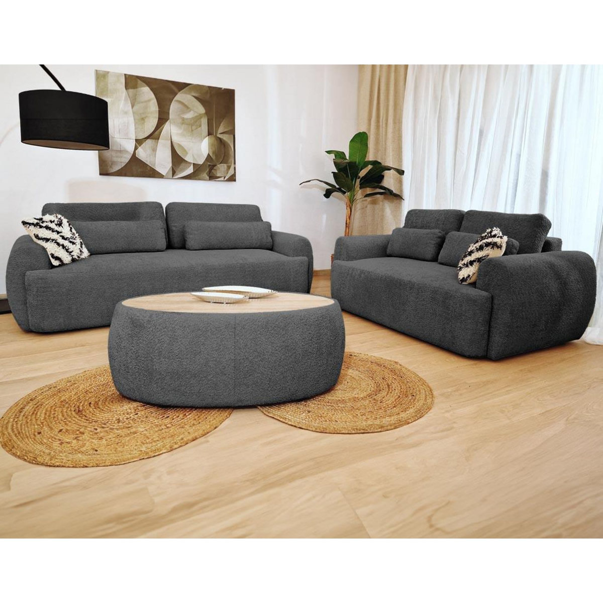 BEST MOBILIER Mahina - canapé droit 3 places - convertible avec coffre - en tissu bouclette