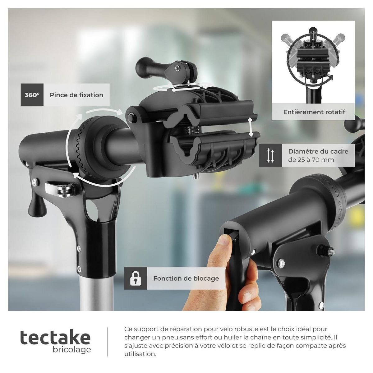 tectake Support de réparation pour vélo poids supporté 50 kg pliable avec fermetures rapides noir