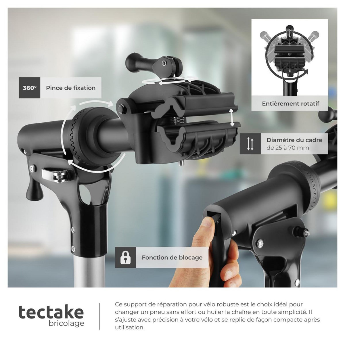 tectake Support de réparation pour vélo poids supporté 50 kg pliable avec fermetures rapides noir