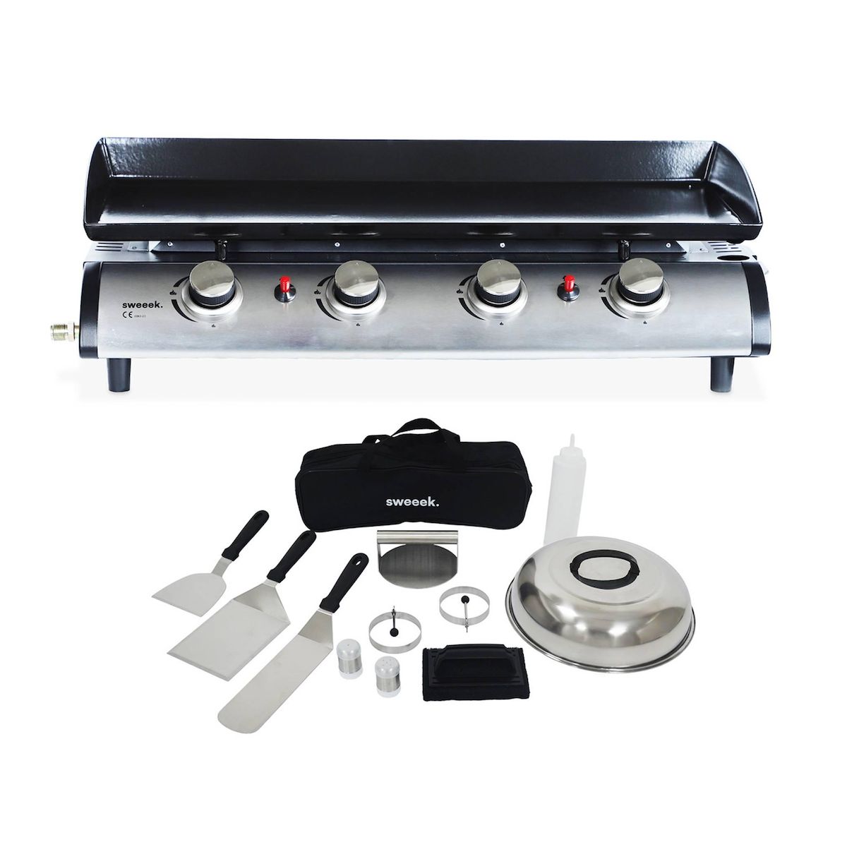 SWEEEK Plancha au gaz 4 feux. Porthos 4 brûleurs. 10 kW barbecue  grande plaque émaillée inox avec ustensiles