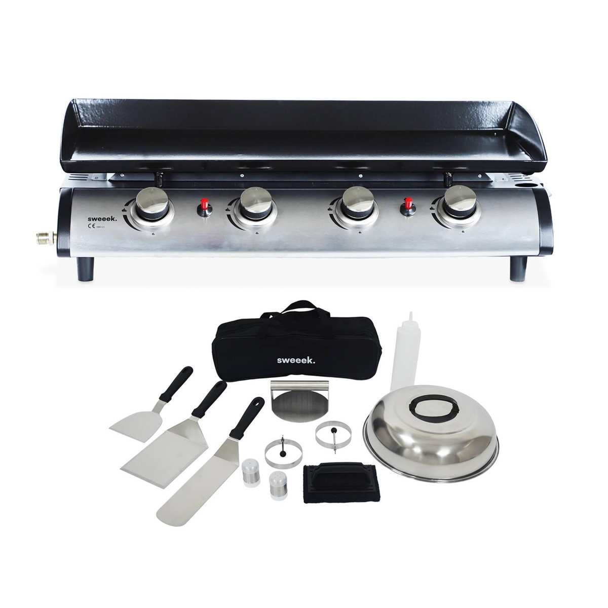 SWEEEK Plancha au gaz 4 feux. Porthos 4 brûleurs. 10 kW barbecue  grande plaque émaillée inox avec ustensiles