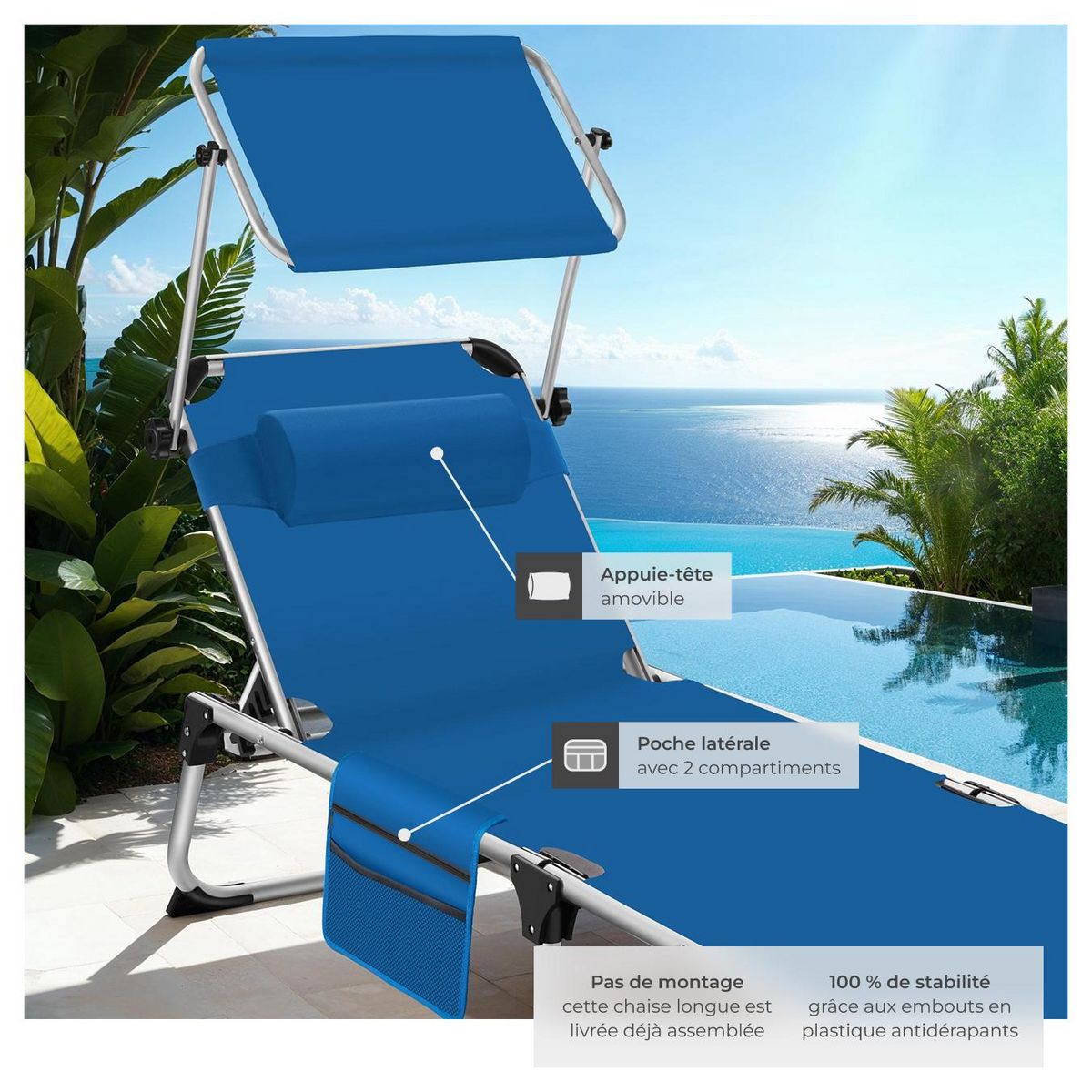 tectake Bain de soleil pliable avec oreiller bleu